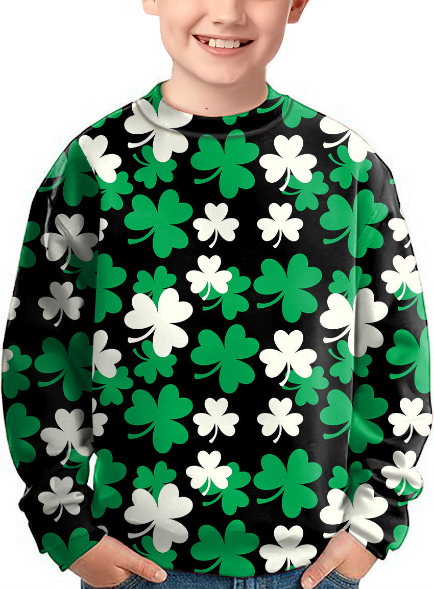 Kids crewneck pullover with green and white leaf clover pattern for St. Patrick's Day