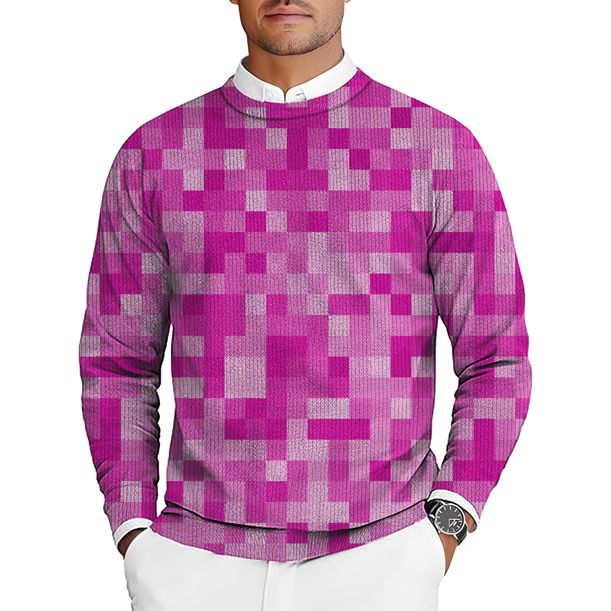 Rose red pixel big men's golf crewneck pullover sweater with customizable team logo and name