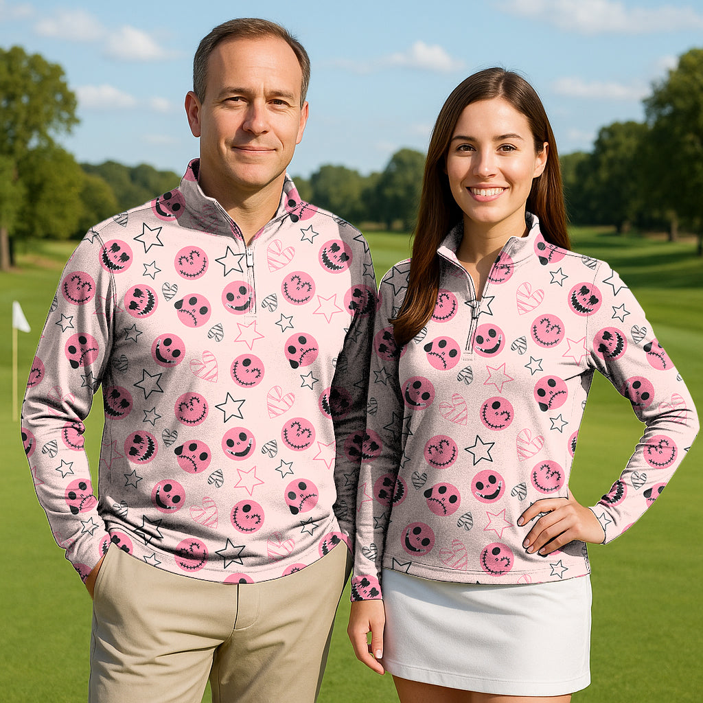 Halloween pink smiley face Couple Golf Active 3/4 Zipper Top Long Sleeves