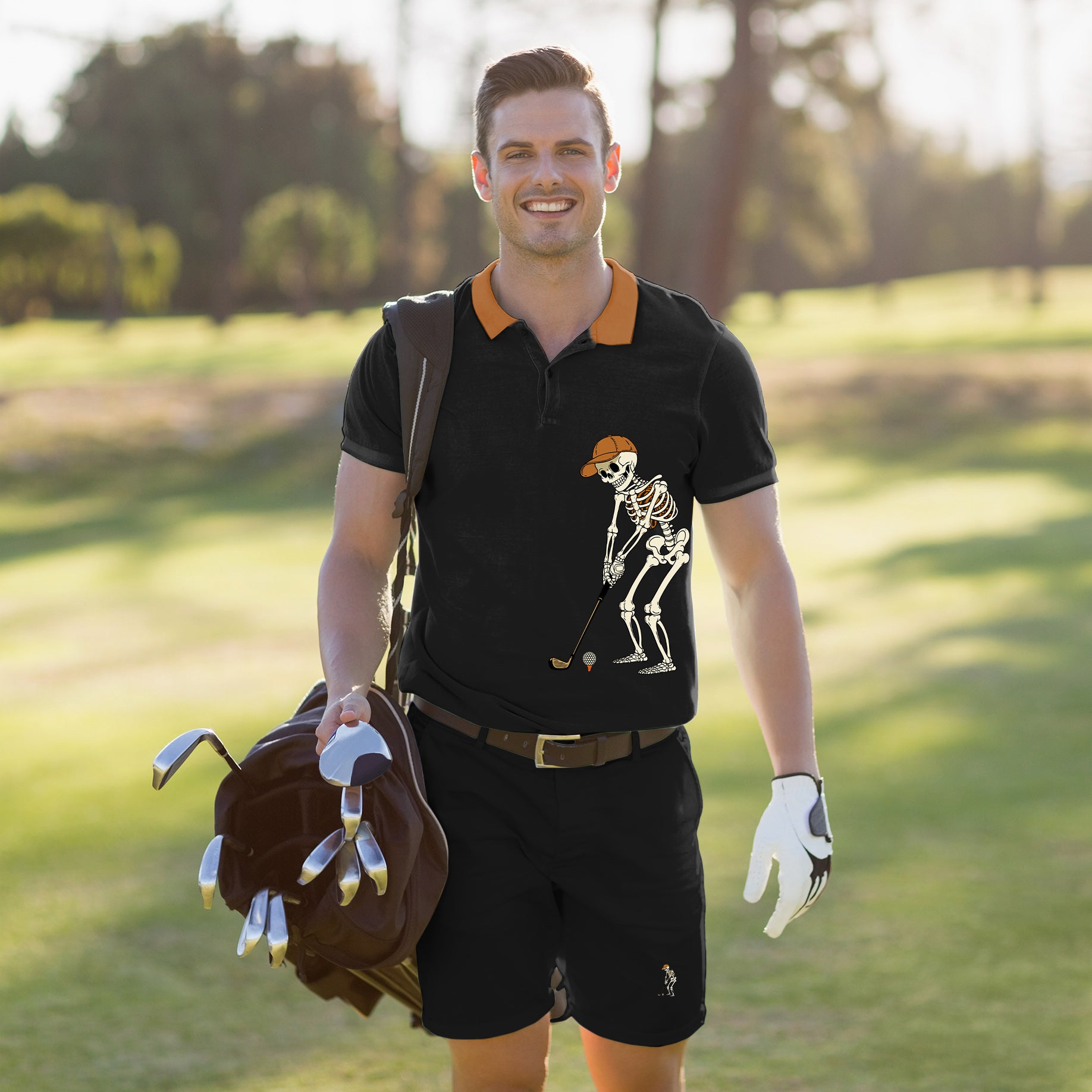 Men's Golf Set Polo+Shorts Pumpkin Black Halloween Skeleton Golf