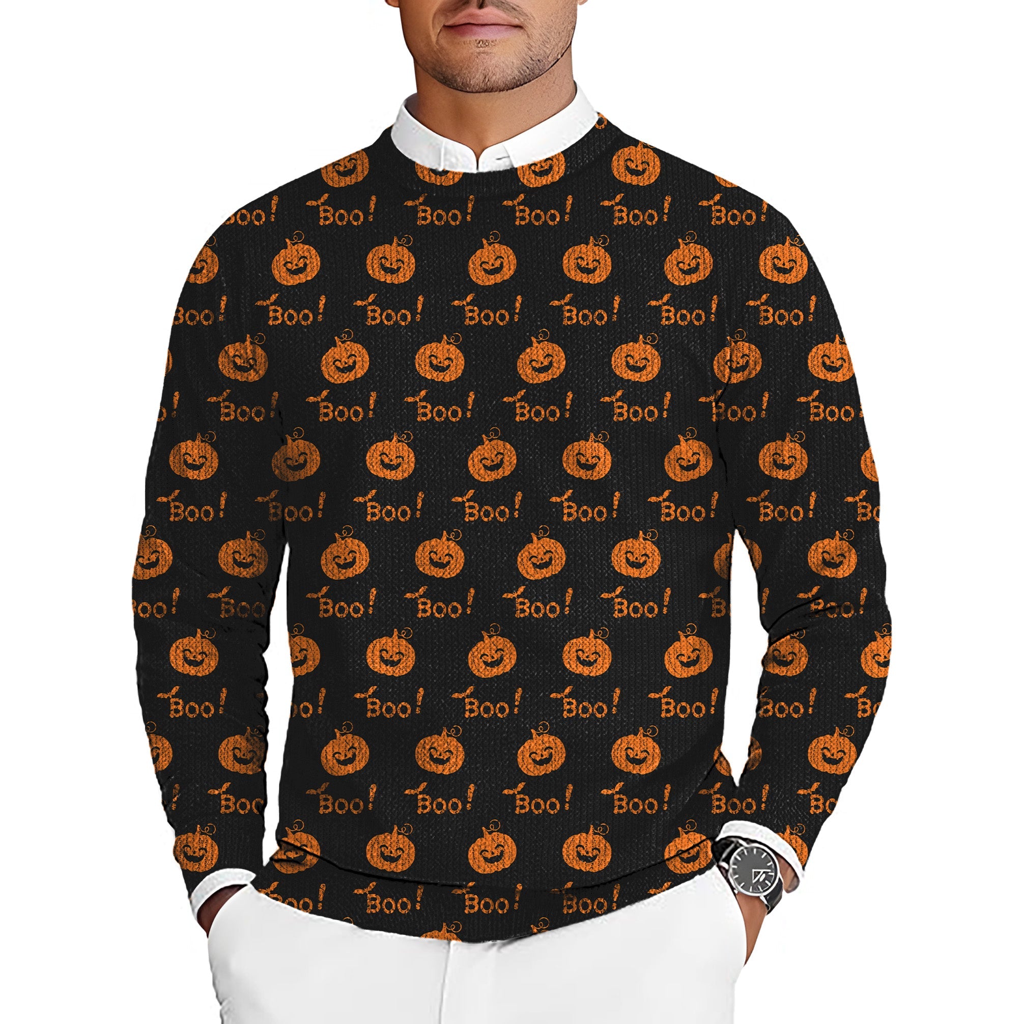 Men's Halloween Boo Pumpkin golf crewneck pullover sweater with orange pumpkins and "Boo!" text pattern