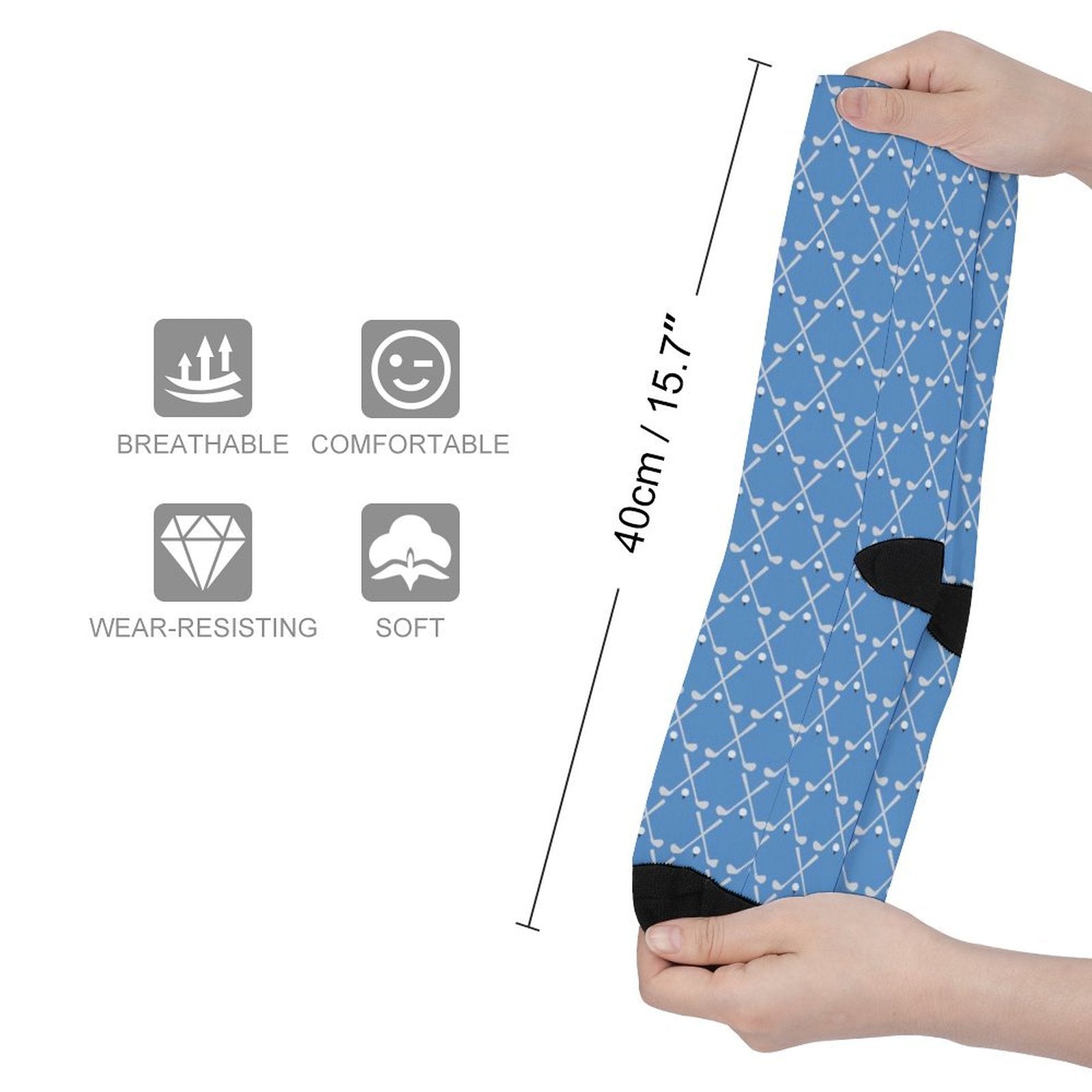 Blue golf club pattern crew socks with breathable, soft, wear-resistant fabric, 40cm length, stylish tap printed design gift for men and women