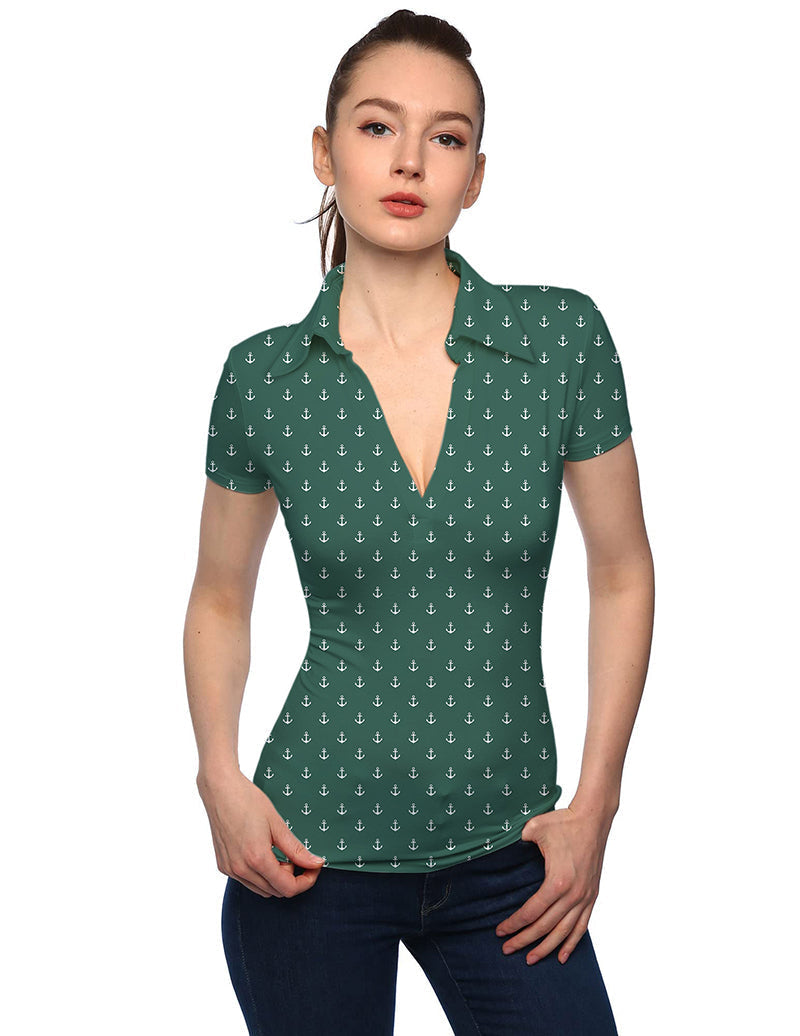 Women's green anchor print V neck golf polo with stand collar and short sleeves