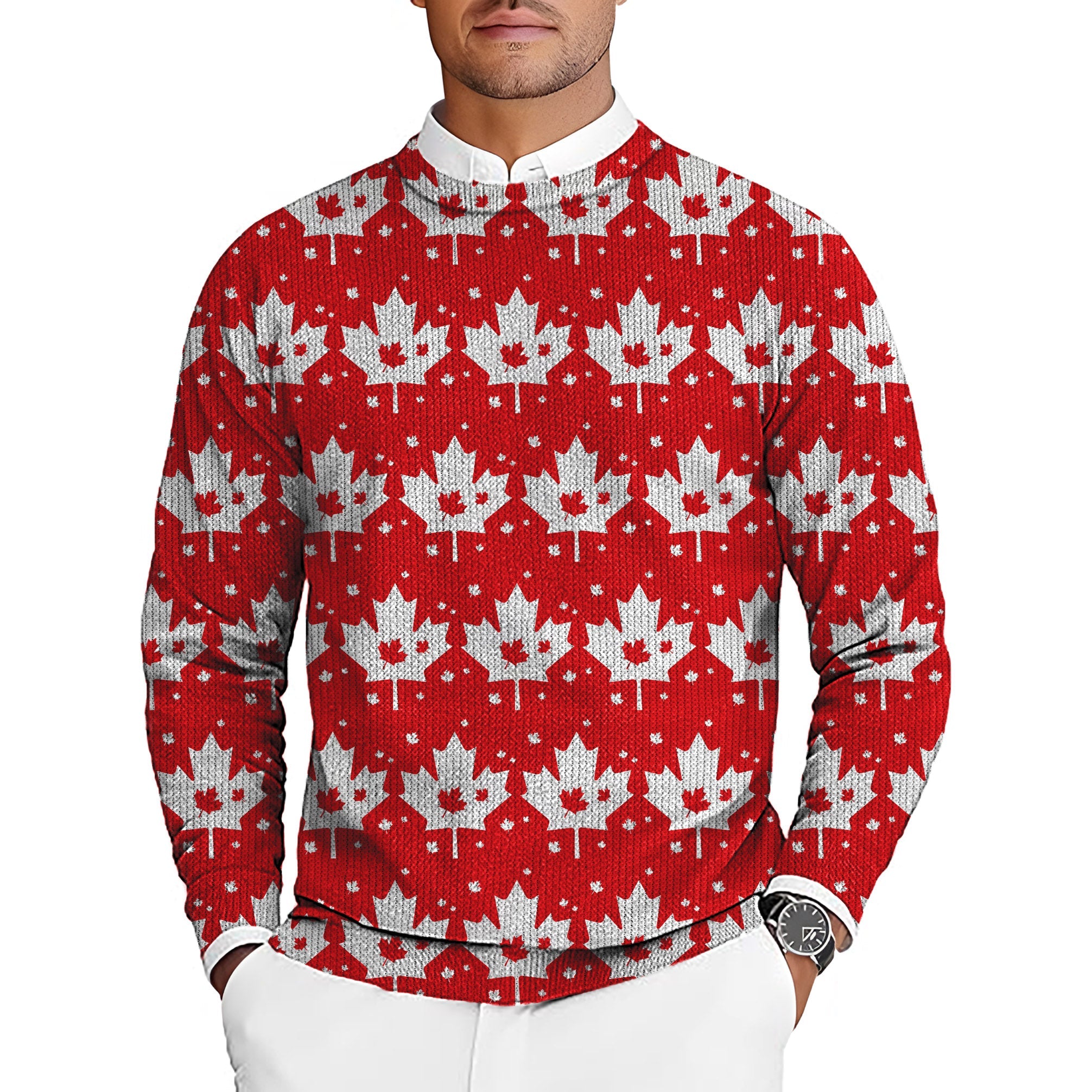 Men's crewneck pullover sweater with red and white Canadian Maple Leaf pattern perfect for golf or holiday wear