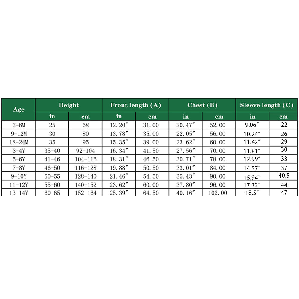 Orange Anchor Crewneck kids pullover size chart with measurements in inches and centimeters