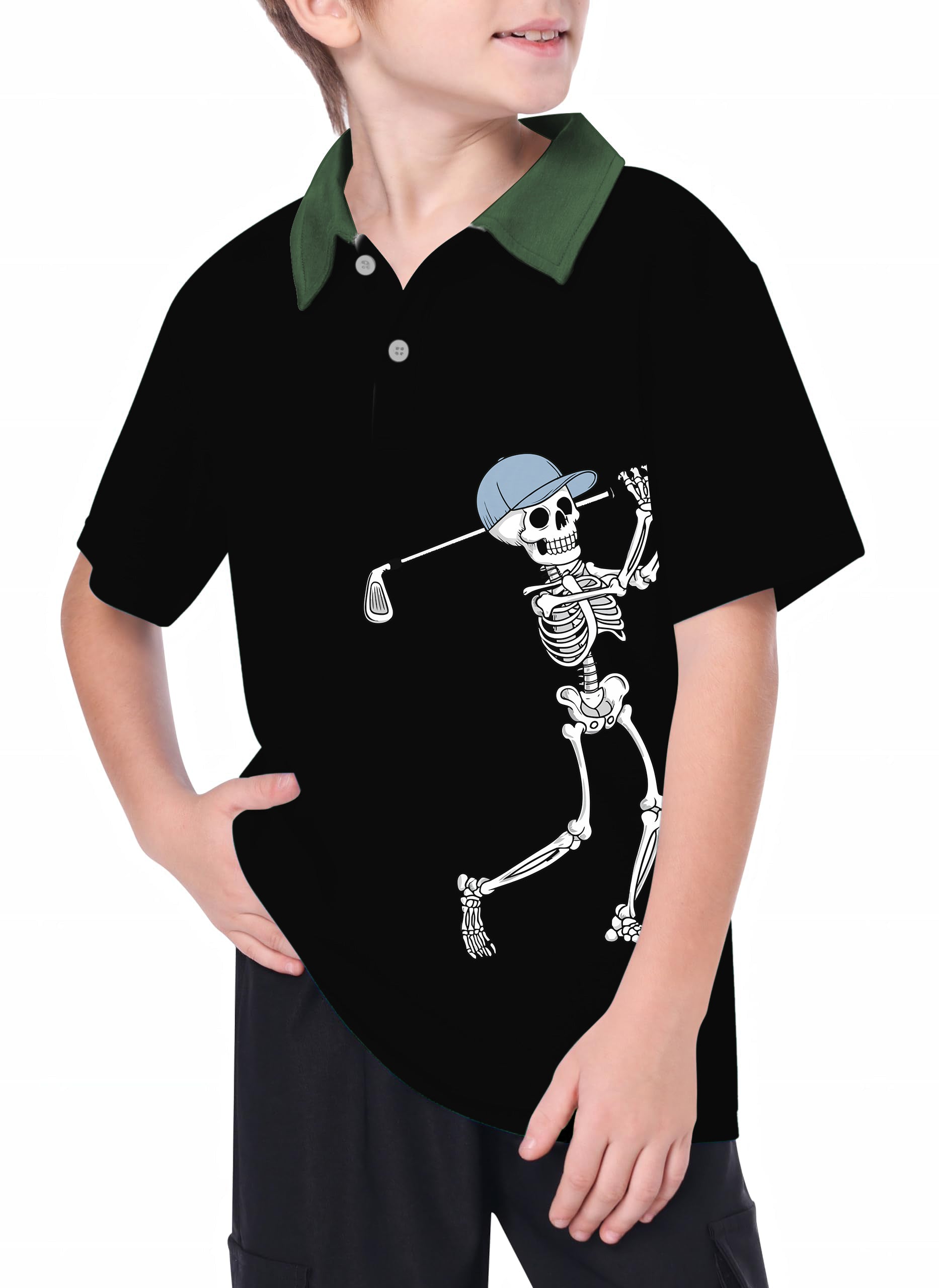 Youth golf polo with Halloween skeleton graphic and green collar on black fabric