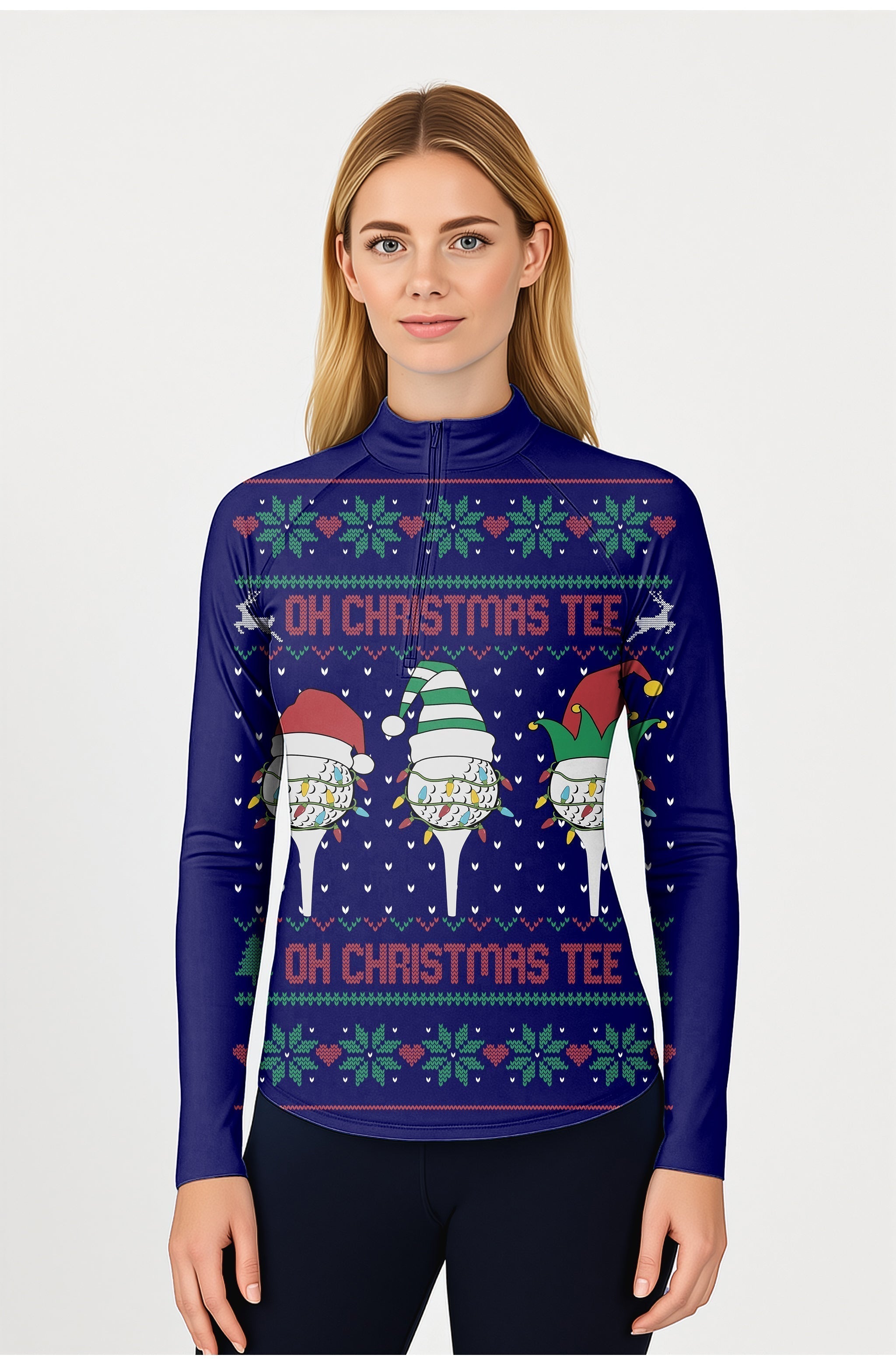 Navy-Christmas custom face women's golf active 3/4 zip top with festive design and UPF50+ protection