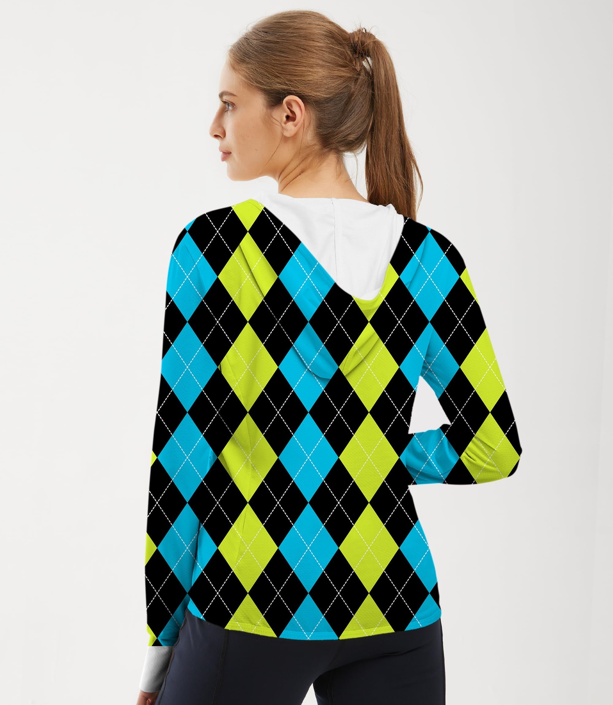 Women's outdoor slim fit argyle golf hoodie in black green and blue with sun protection and thumb holes