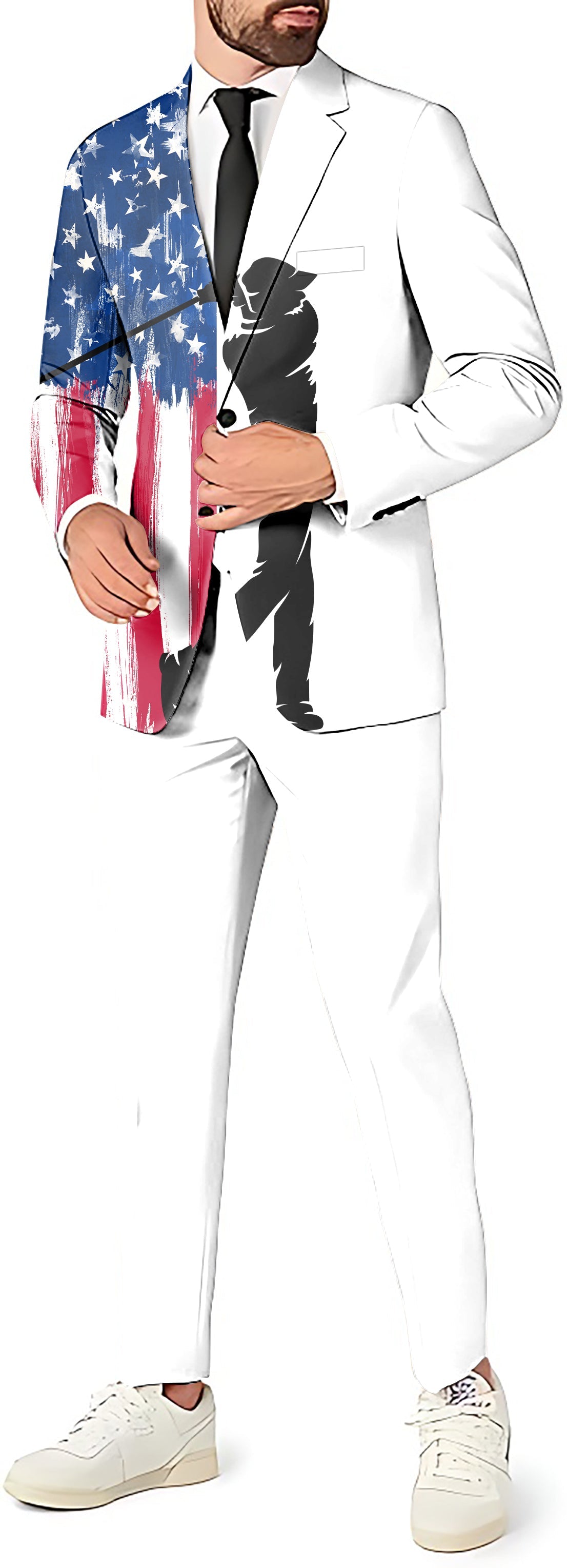 American Flag themed men's 3-piece suit set with blazer, pants, and vest for party costumes and theme events