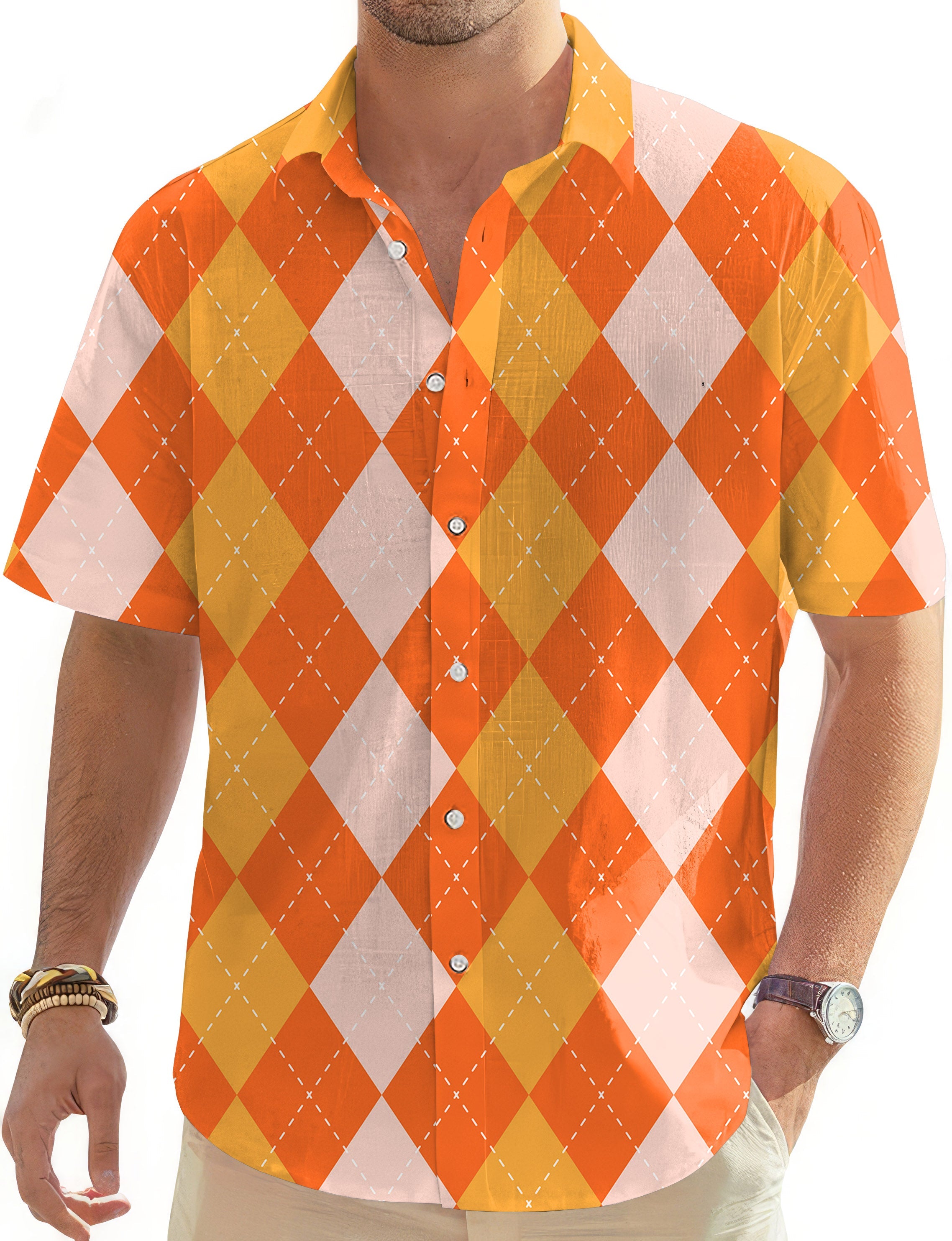 Men's Halloween Orange Apricot Argyle Hawaiian golf shirt with button-down collar