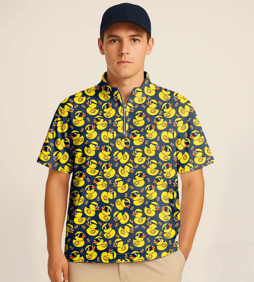 Man wearing half zipper turtleneck golf shirt with yellow duck embroidery and navy cap
