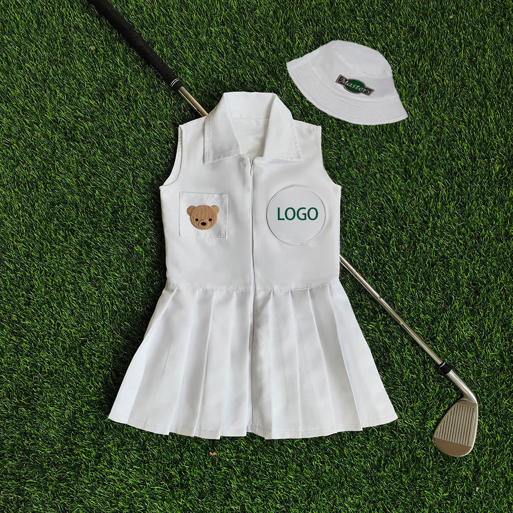 Personalized Golf Toddler Caddy Dress Infant Golf White Outfit Baby Golf 1st Birthday Dress Machine Embroidered Golf Dress Children's Jumpsuit With Hat