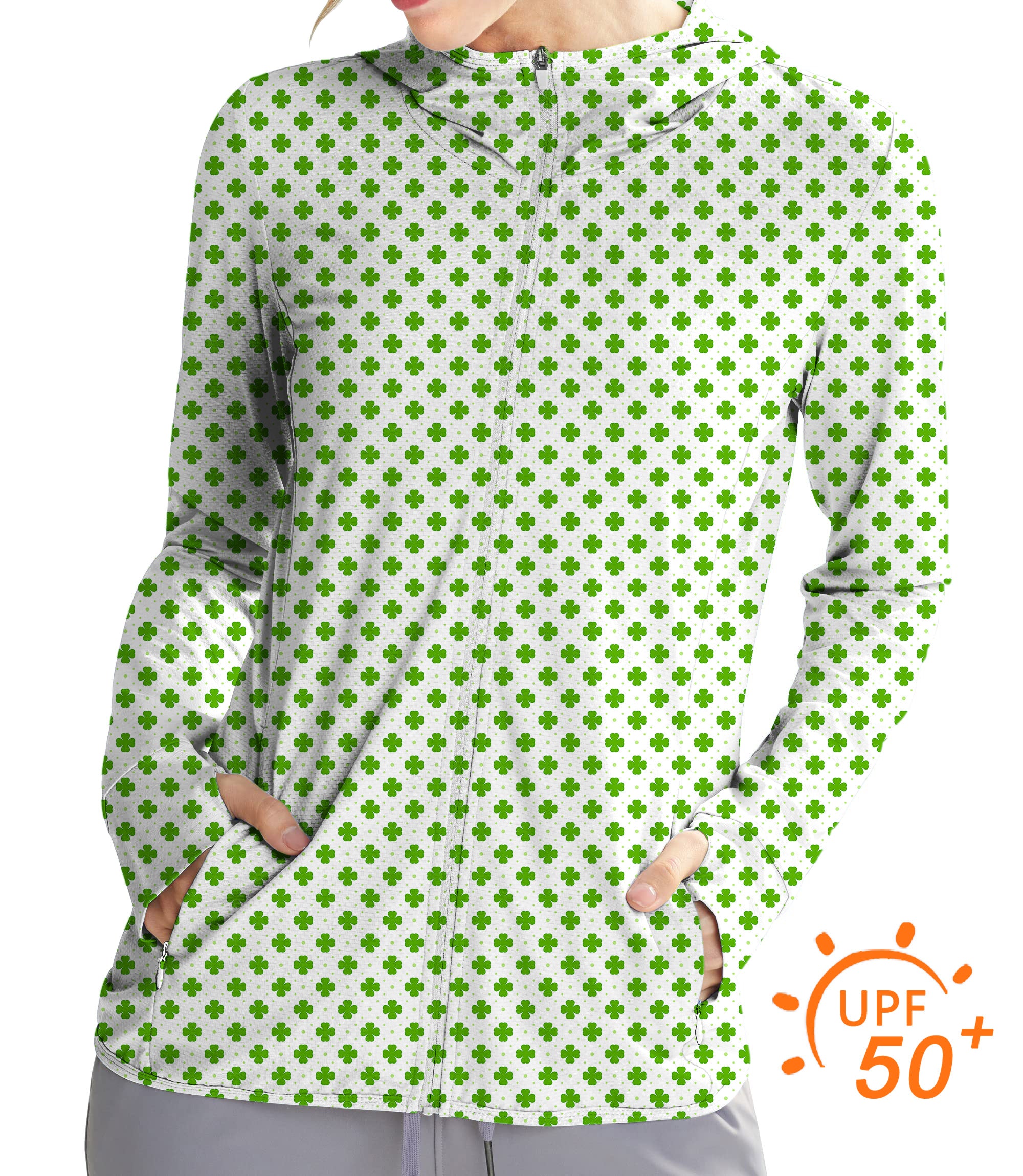 Women's Outdoor Leaf clover St. Patrick's Day Golf Sun Protection Slim Fit zip hoodies