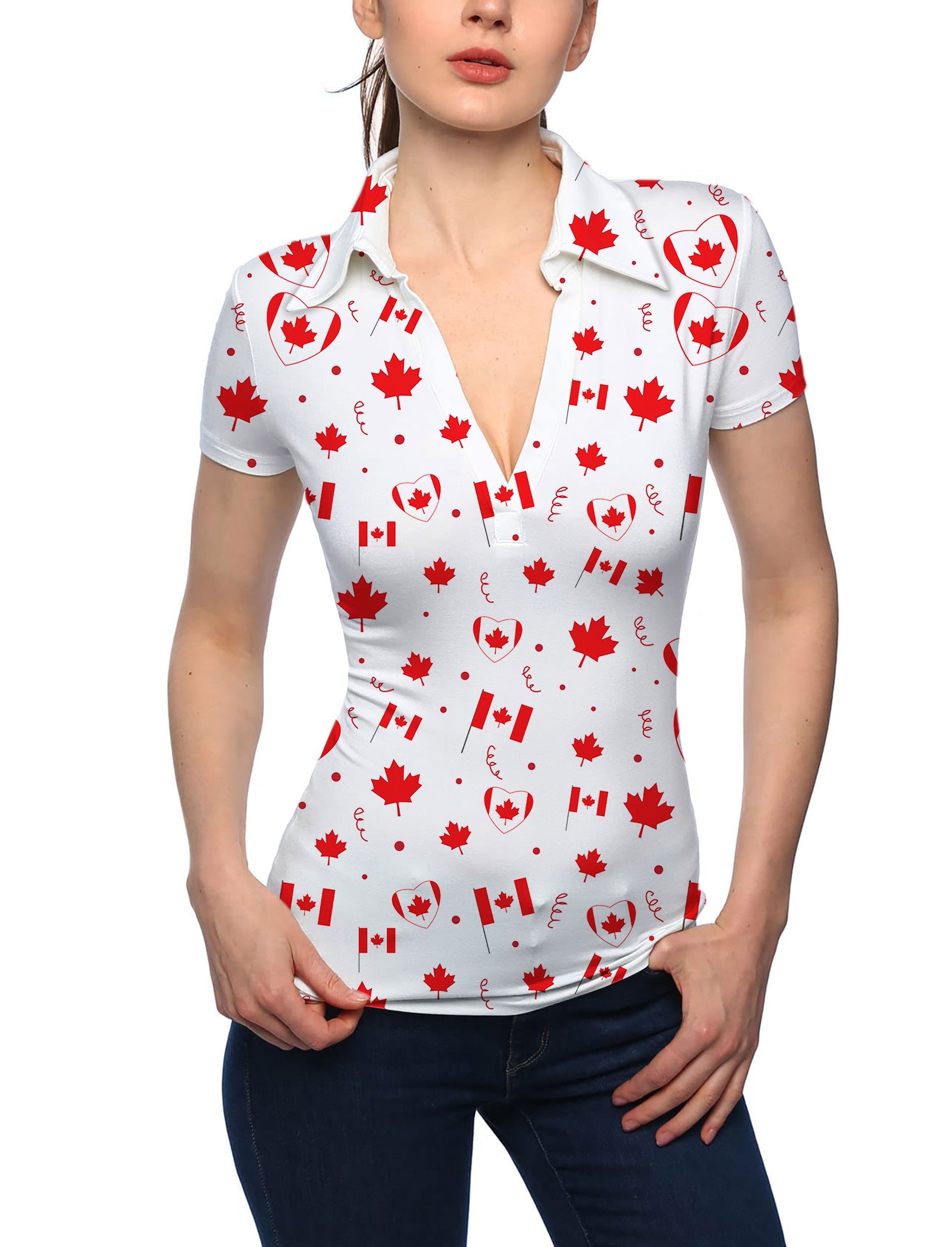 Women's Canadian Patriotic Flag V neck golf polo shirt with maple leaf design and stand collar
