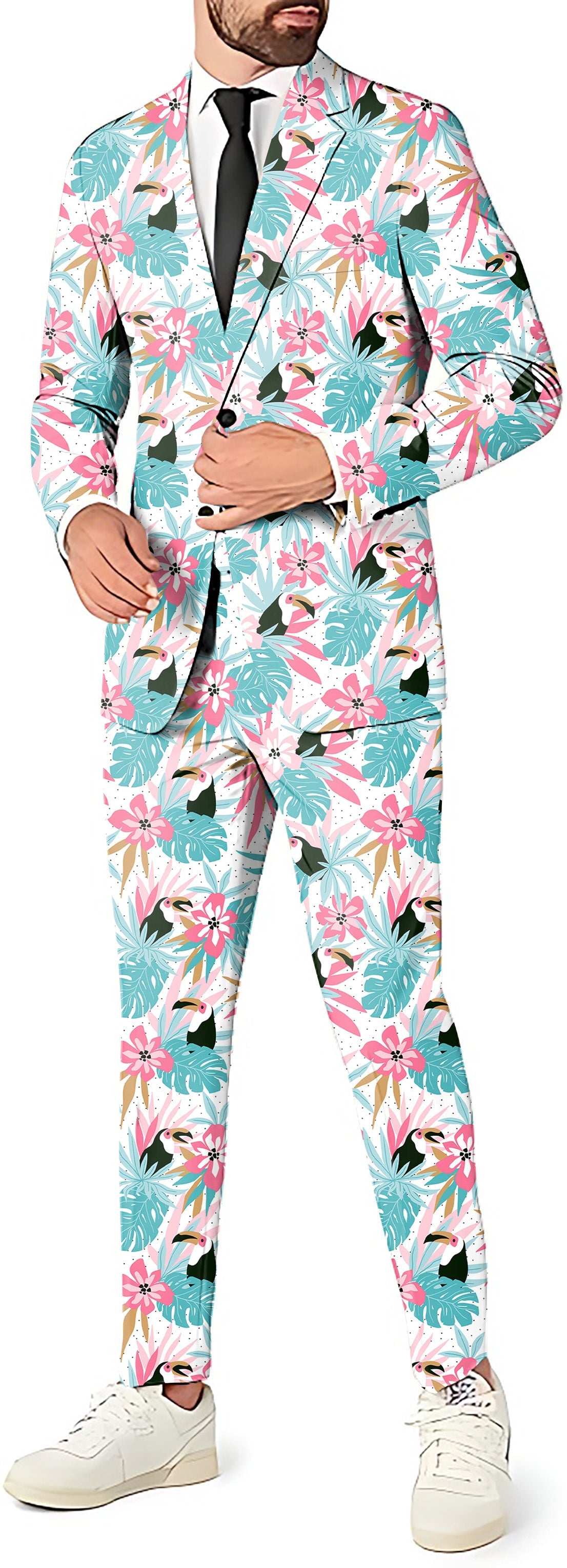 Men's floral toucan print party suit with blazer, pants, and vest set