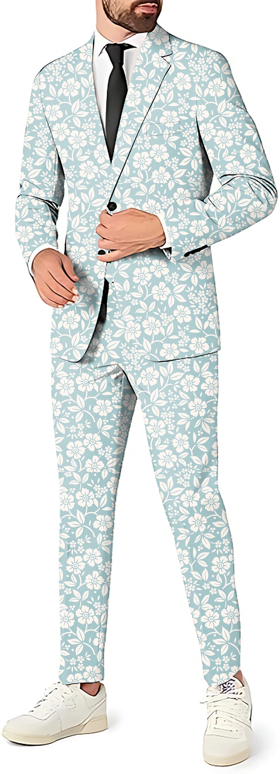Relaxed blue floral men's party suit with blazer, pants, and vest for theme parties