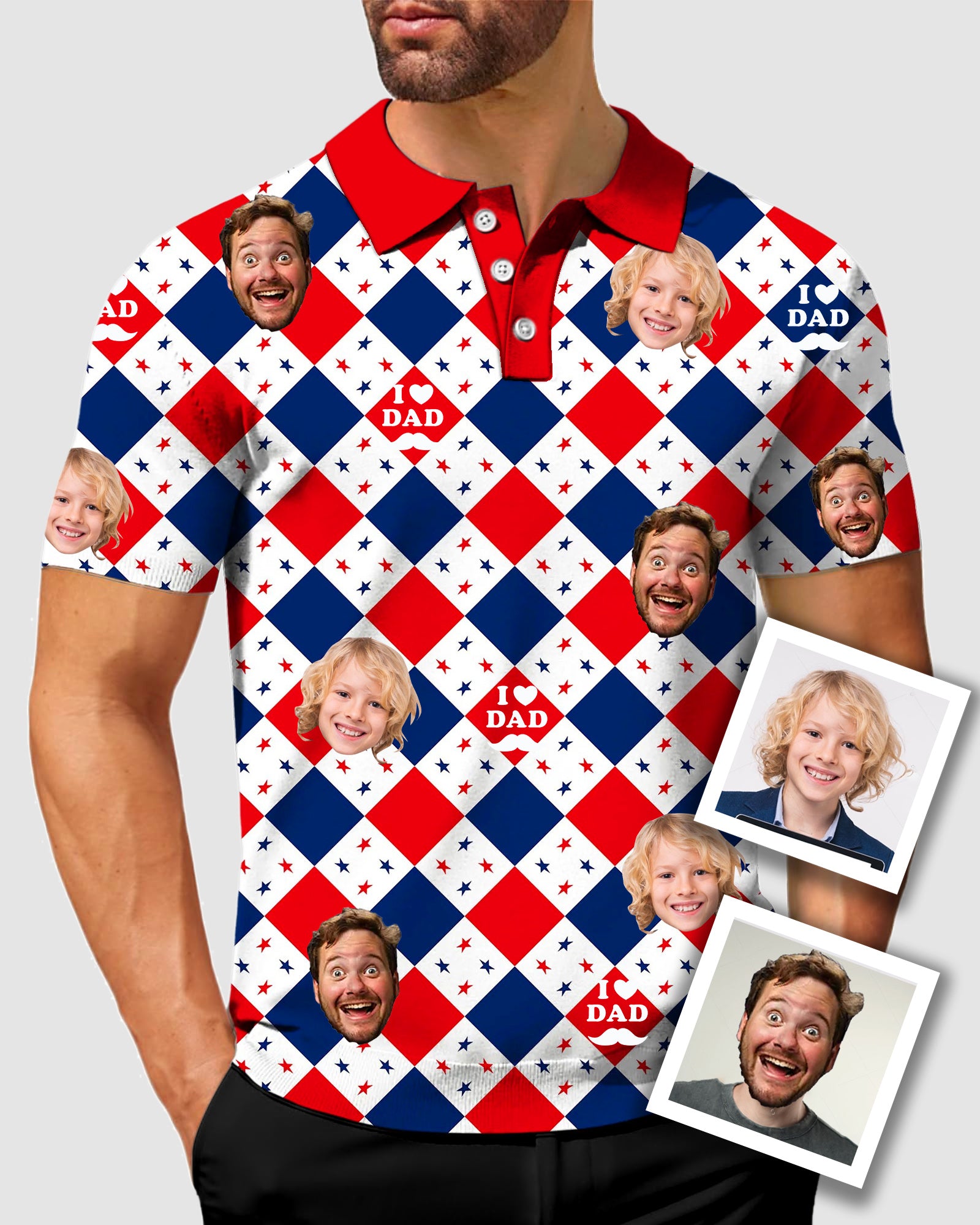 Men's To My Dad Custom Face Argyle US Star flag Men's Golf Polo Father's Day Gift Polo