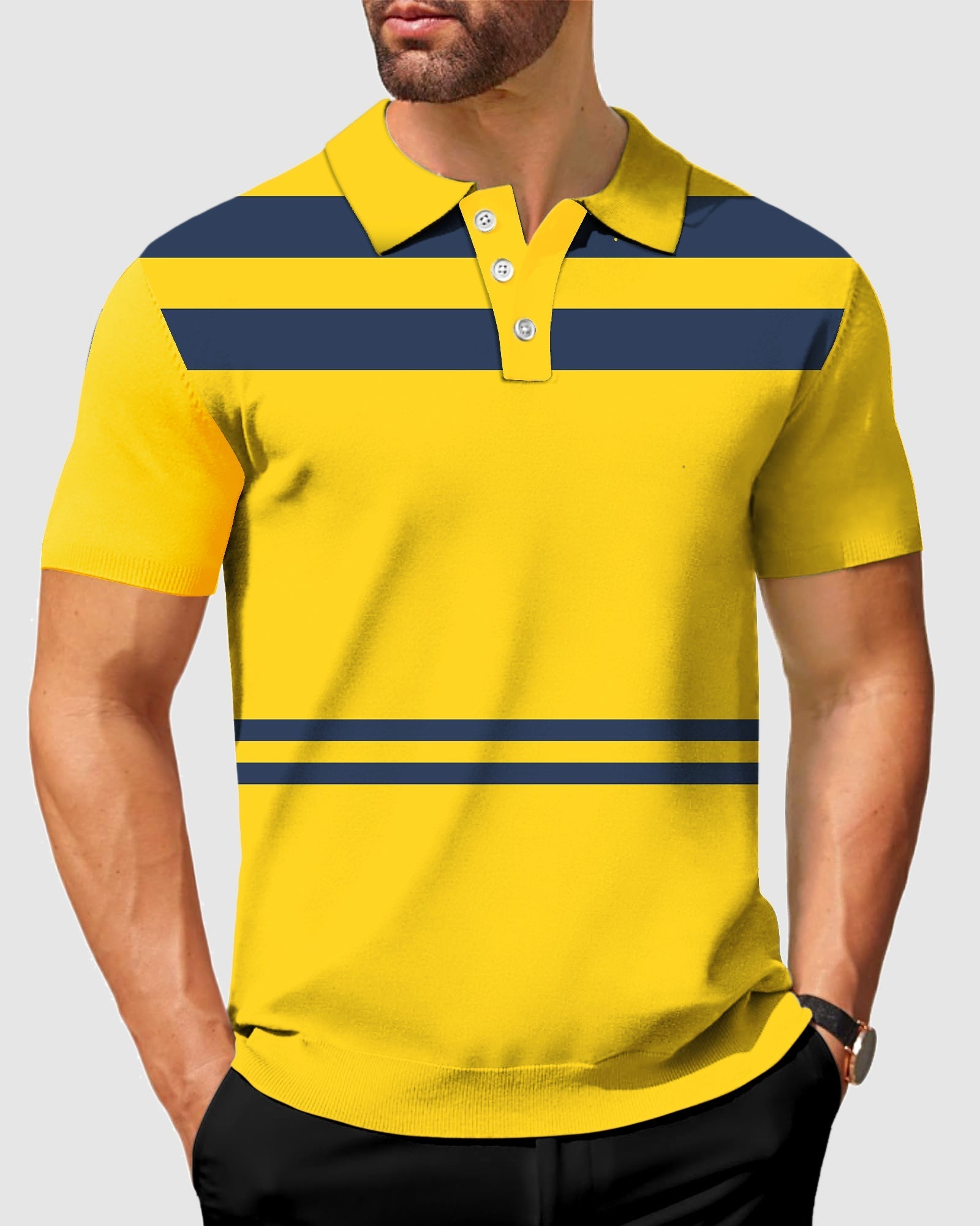 Men's yellow polo shirt with thick horizontal navy stripes and buttoned collar