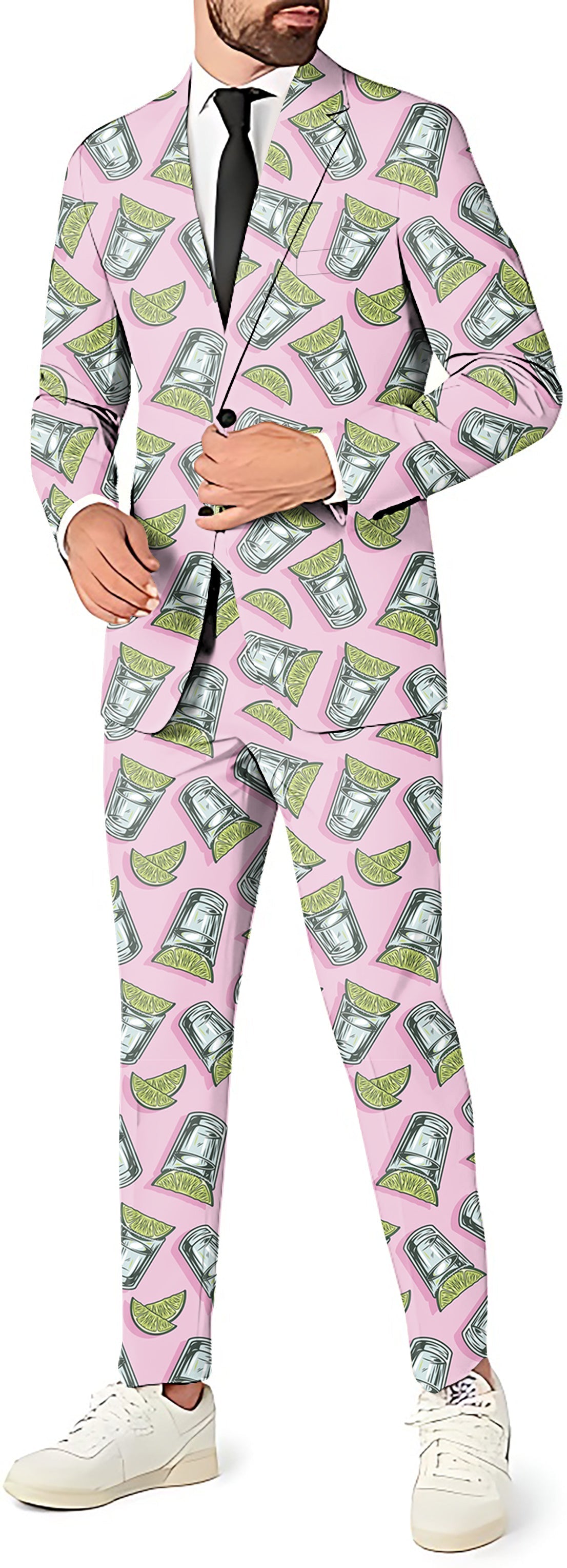 Ice tea Men's party suit set with blazer, pants, and vest featuring beverage print on pink background