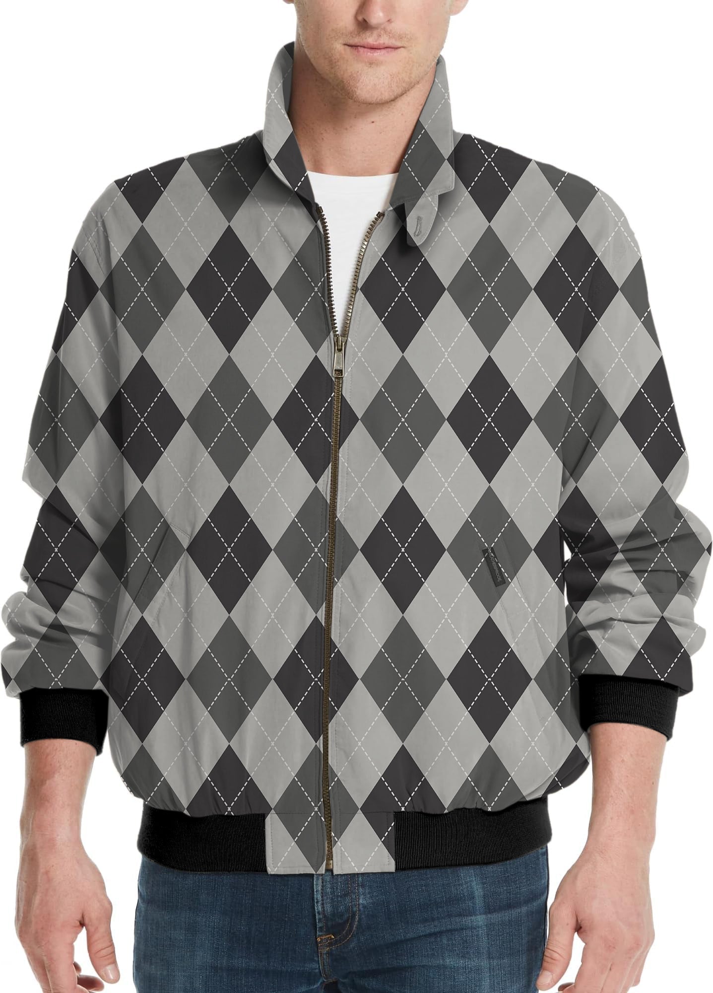 grey argyle men's golf windbreaker light jacket with zipper and black cuffs