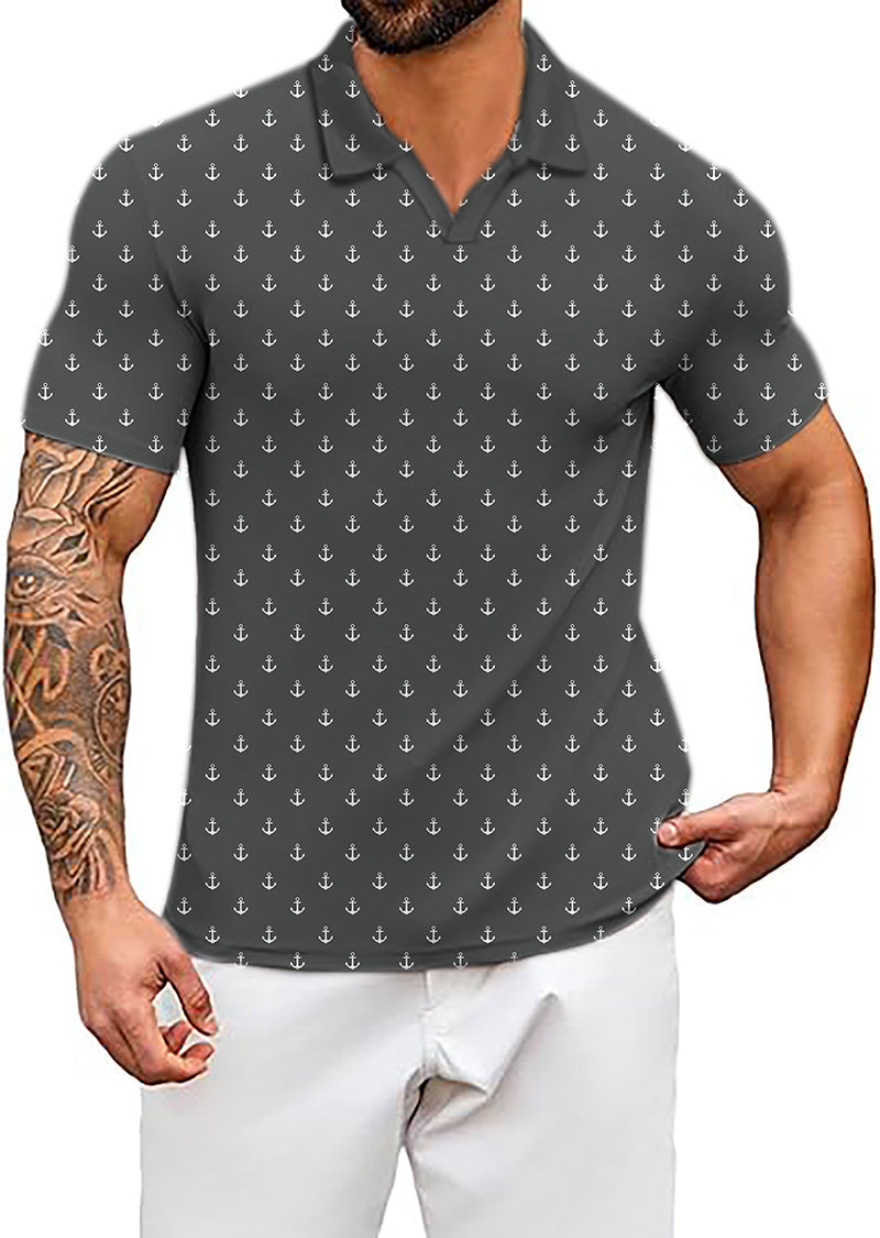 Men's Coconut Palm Navy Blue polo shirt with black anchor print, four-way stretch, moisture-wicking, and UPF 40+ protection