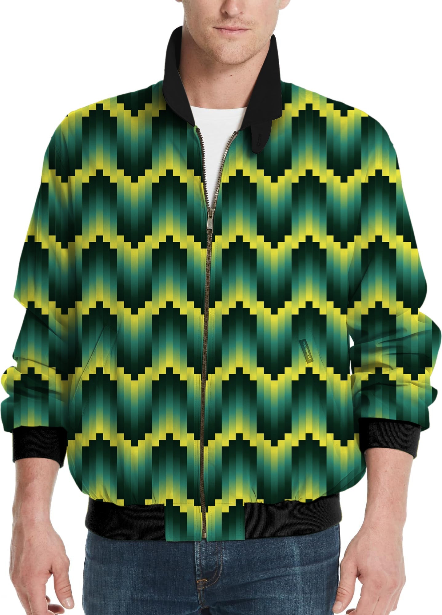 Green Ripples Custom men's golf windbreaker jacket with vibrant ripple pattern and black collar cuffs