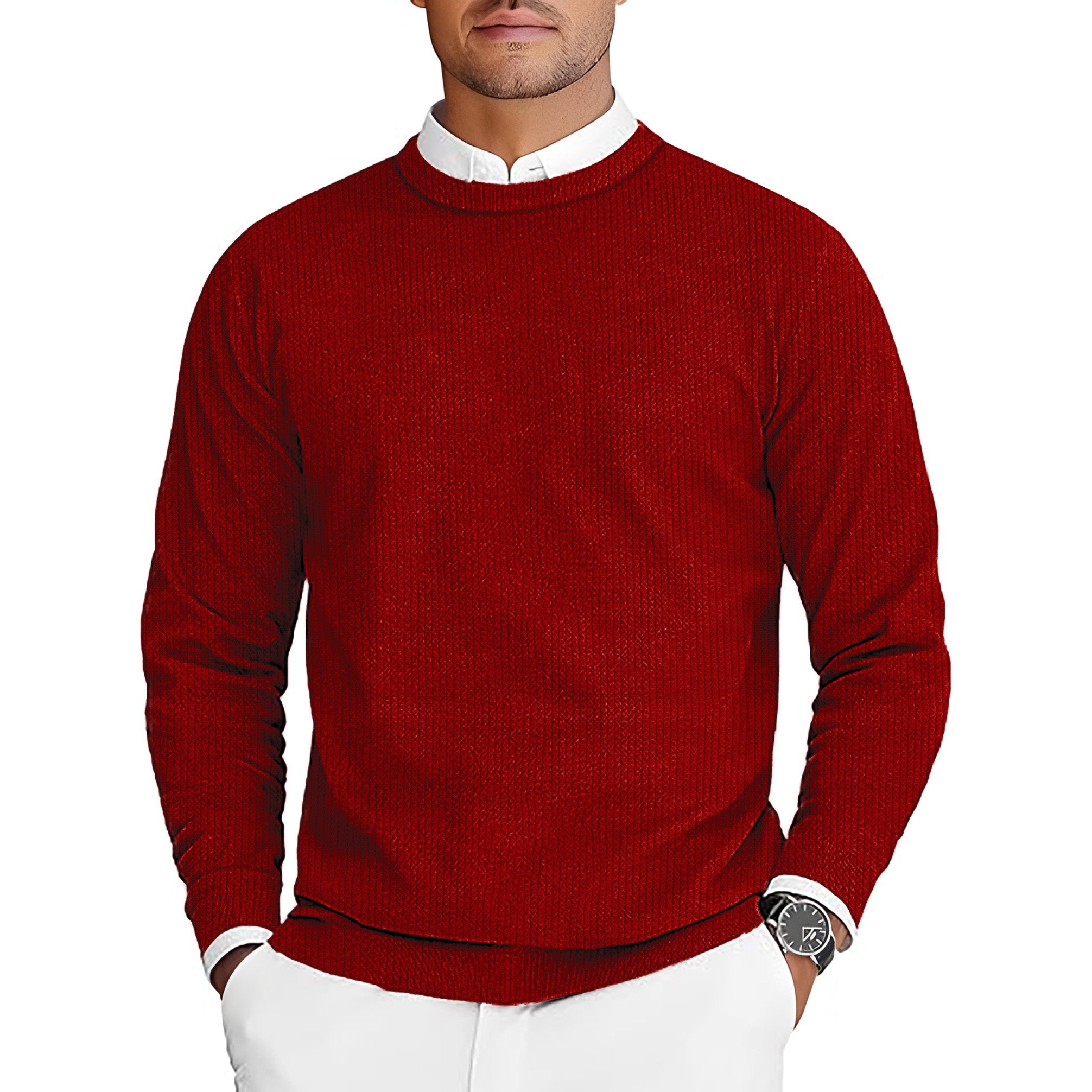 pure festive Men's red golf crewneck pullover sweater with long sleeves and ribbed texture