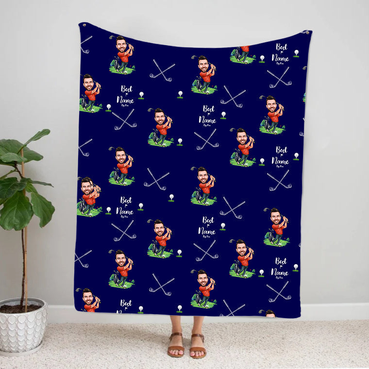 Custom photo face personalized golf fleece blanket with name, navy sherpa throw for sports team gift