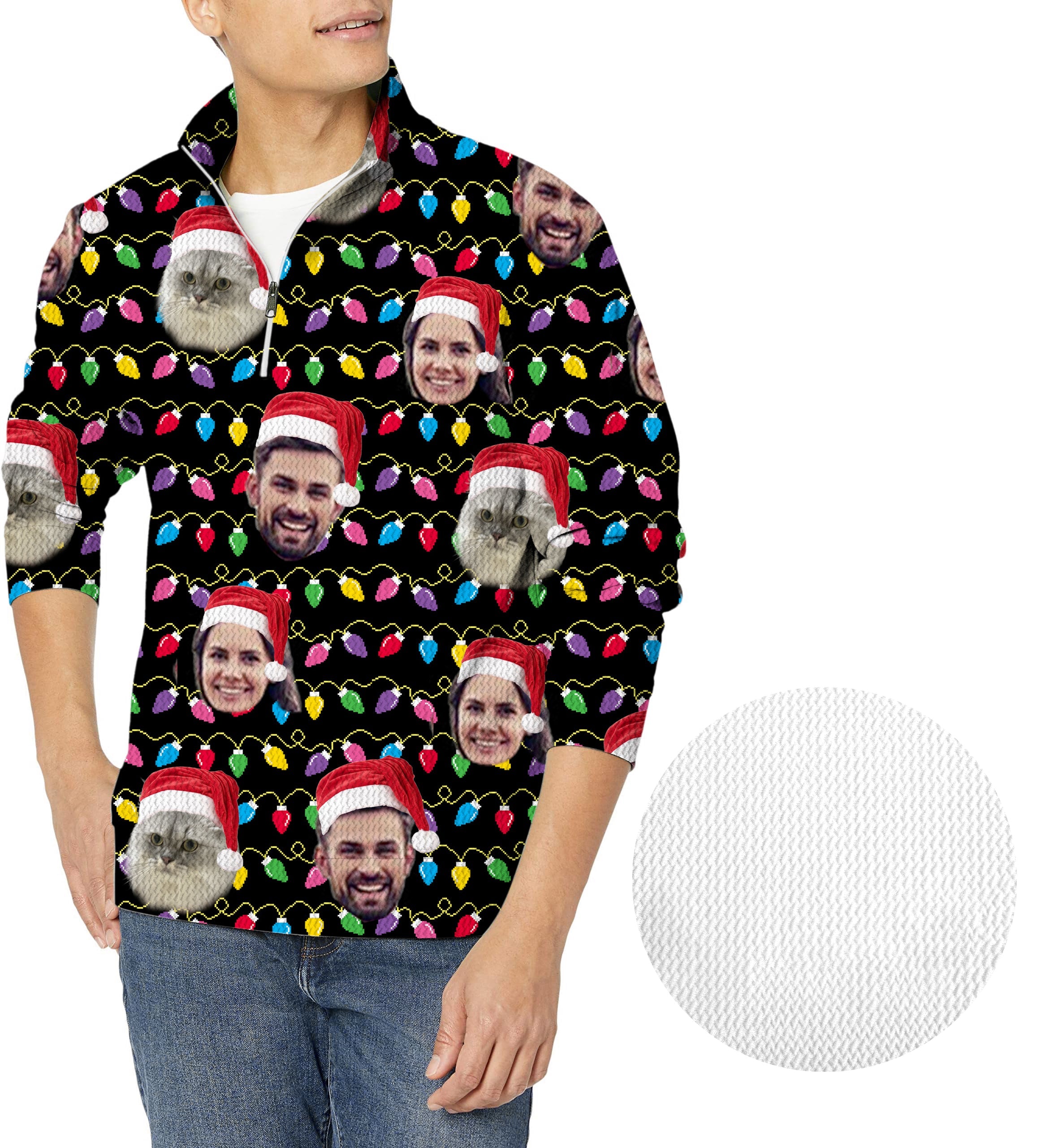 Men's custom face-Christmas golf waffle zipper pullover with holiday lights and Santa hats design