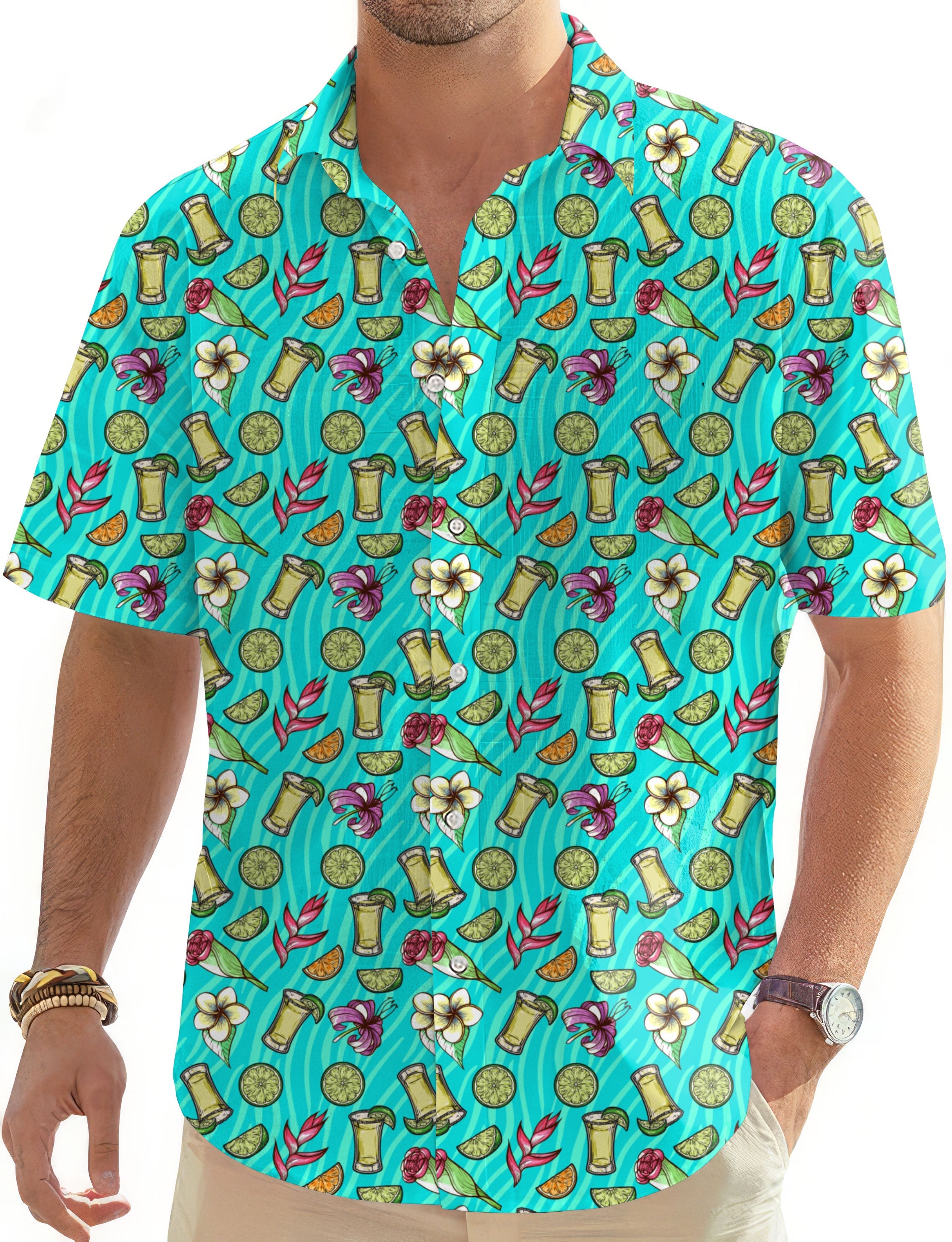 Men's Agave Greens Hawaiian golf shirt with turquoise tropical drink and flower print, short sleeve button-down design