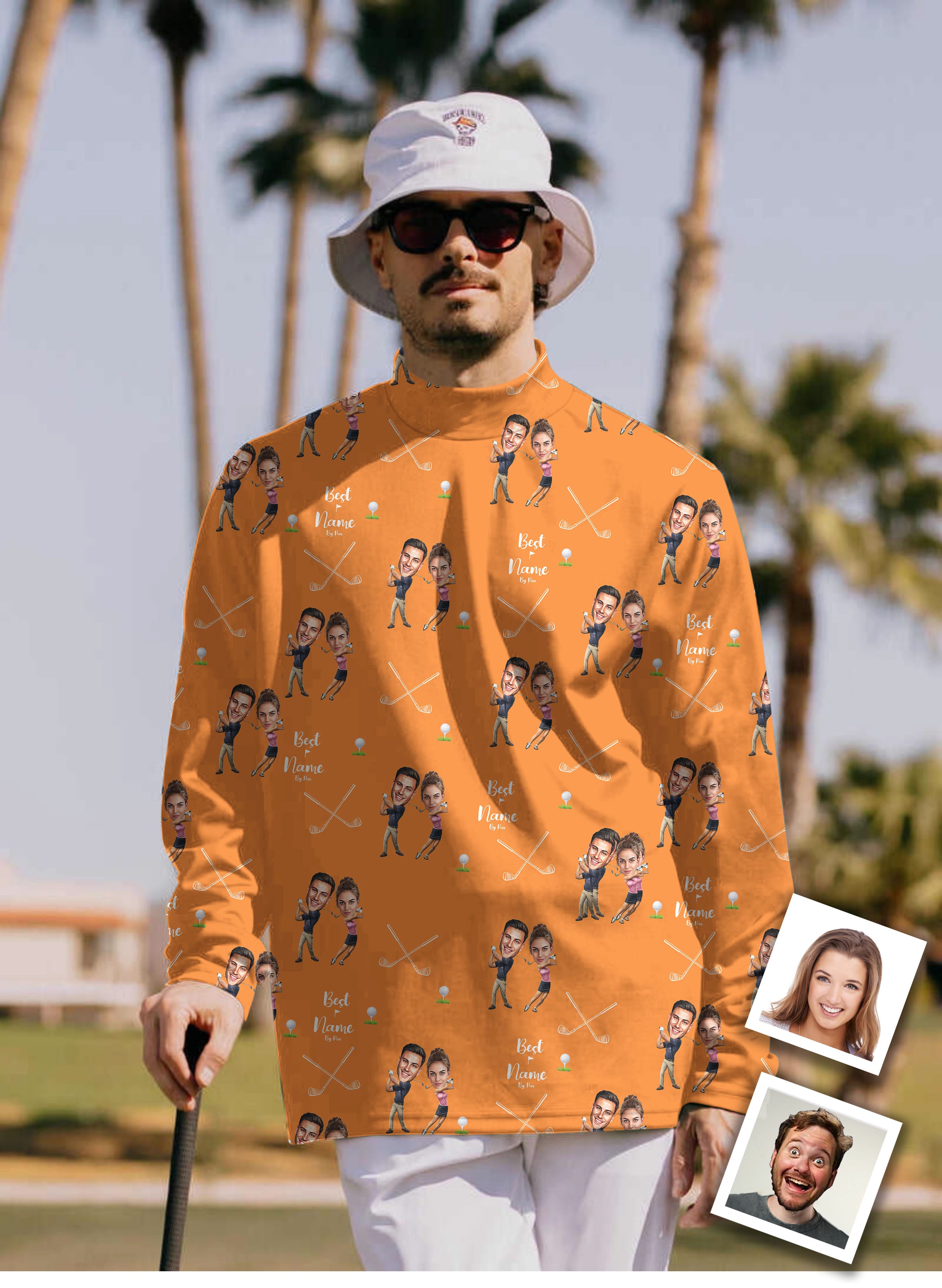 Men's Custom Couple Photo Face & Name Pullover High neck Long/Short sleeve T-Shirt