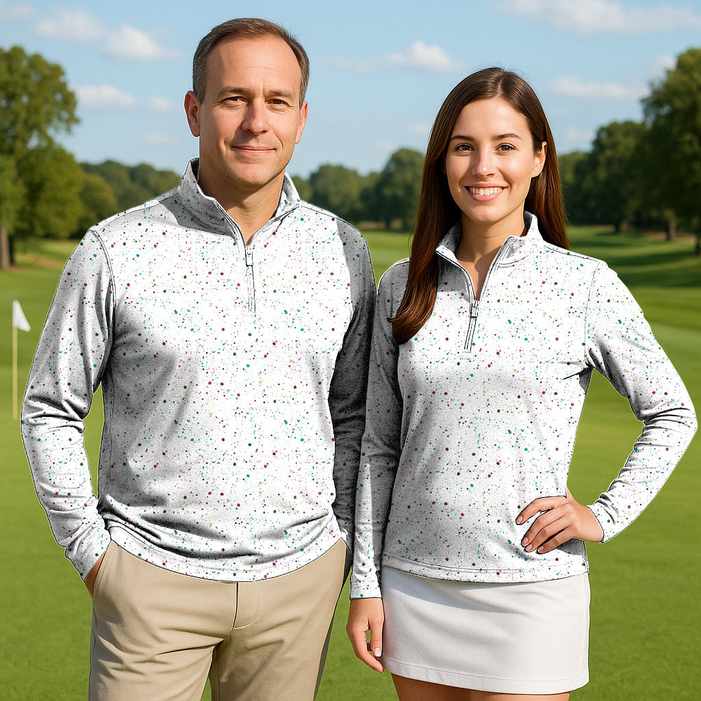 Colorful bubbles couple golf active 3/4 zip top long sleeves on male and female models at golf course