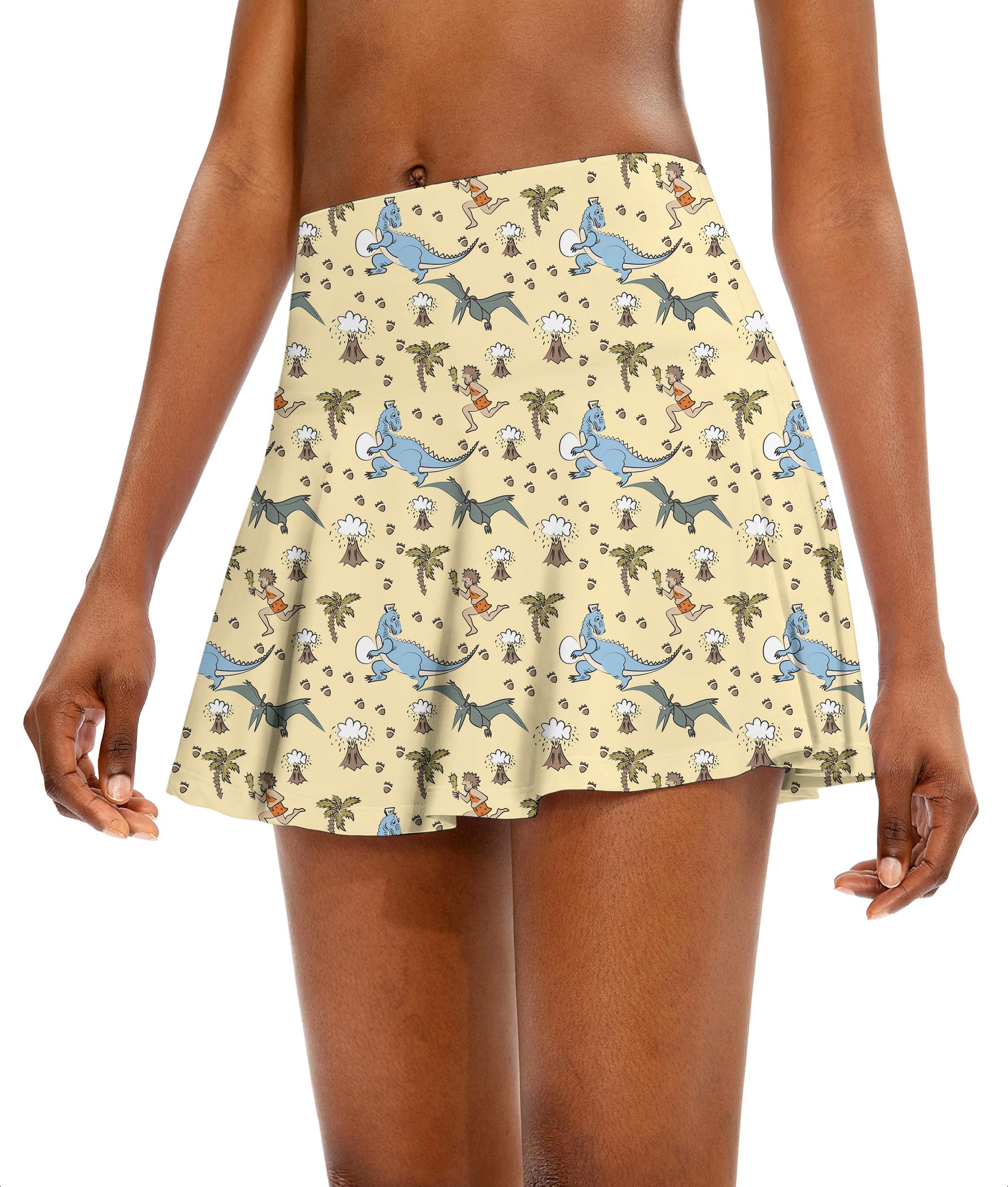 Women's athletic flared golf skort with dinosaur and volcano print