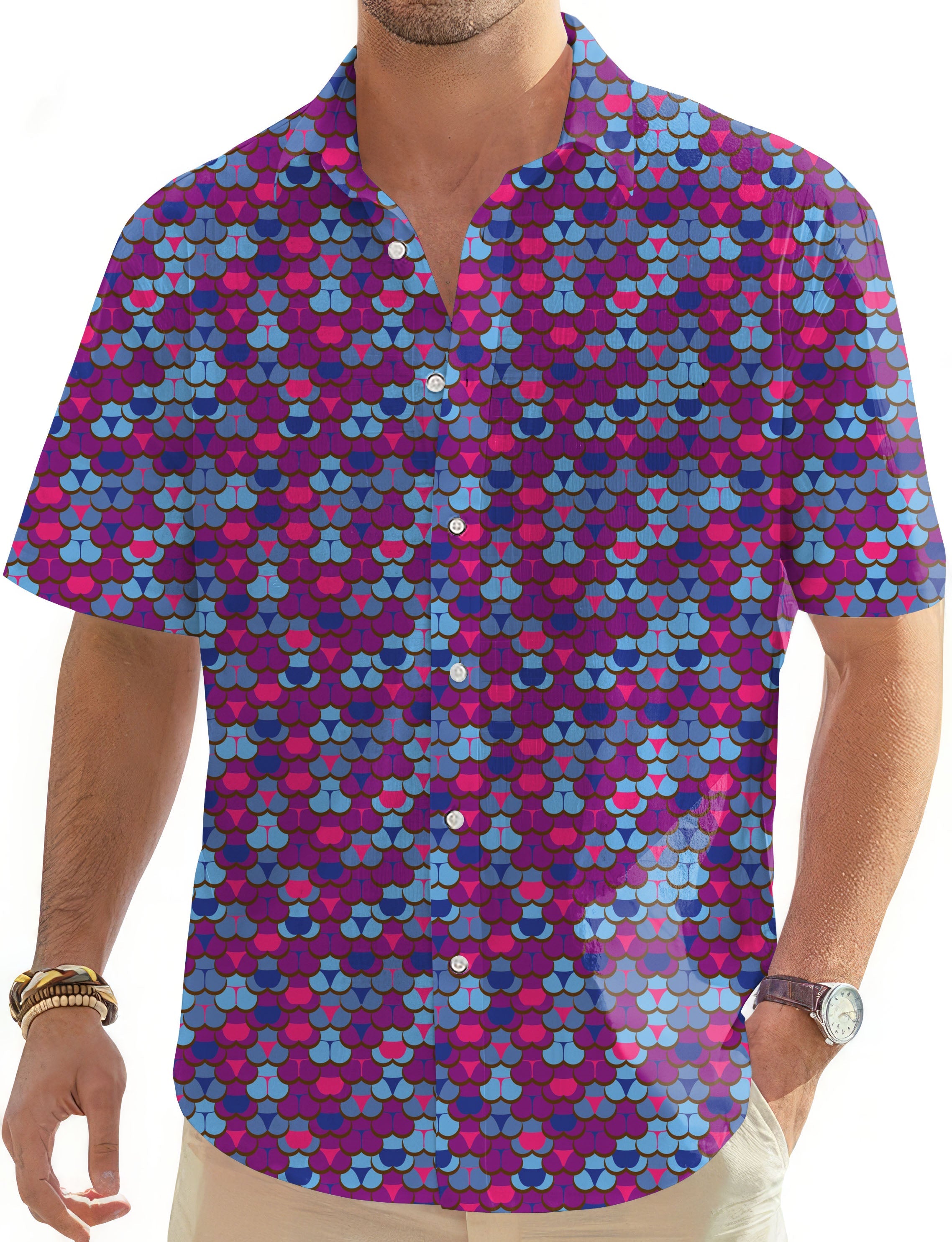 men's colorful Hawaiian button-down shirt with scale pattern and short sleeves
