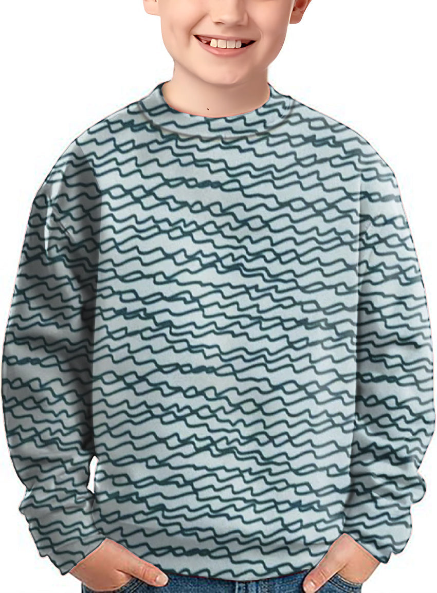 Kids crewneck pullover with green irregular wavy lines pattern
