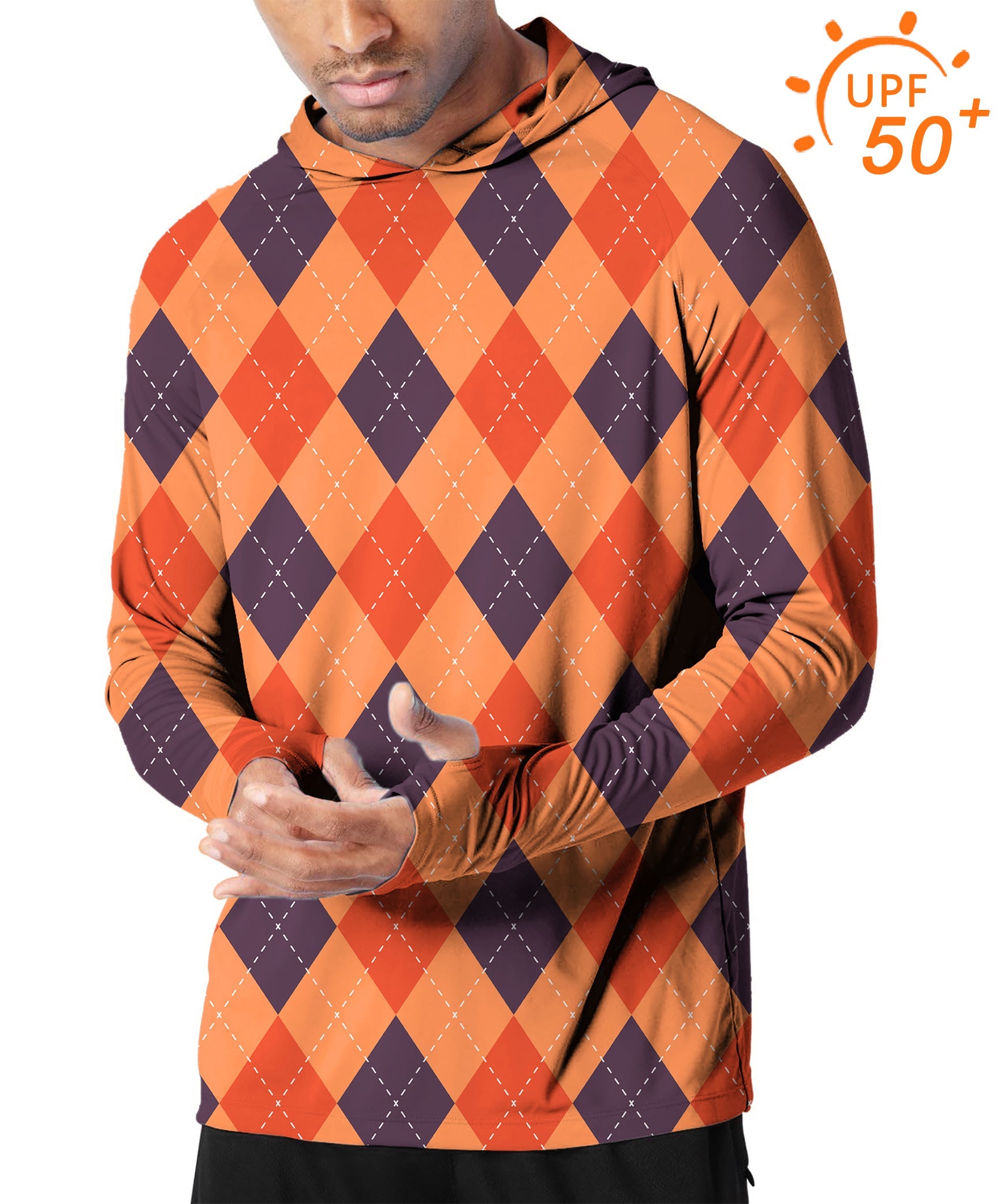 Men's outdoor Halloween argyle golf hoodie with UPF 50+ sun protection and slim fit design