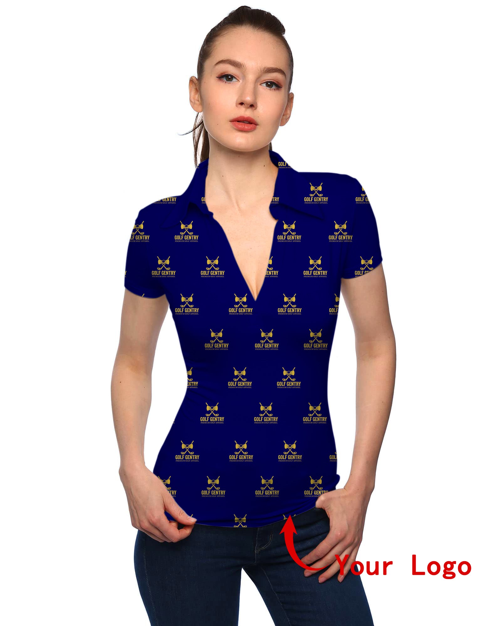 Women's Custom Company Sport Team Logo Face V Neck Golf Polo
