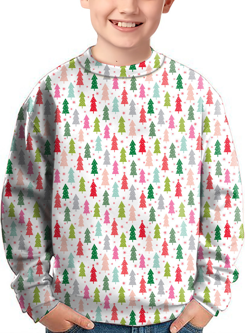 Colorful Christmas tree pattern kids crewneck pullover sweater