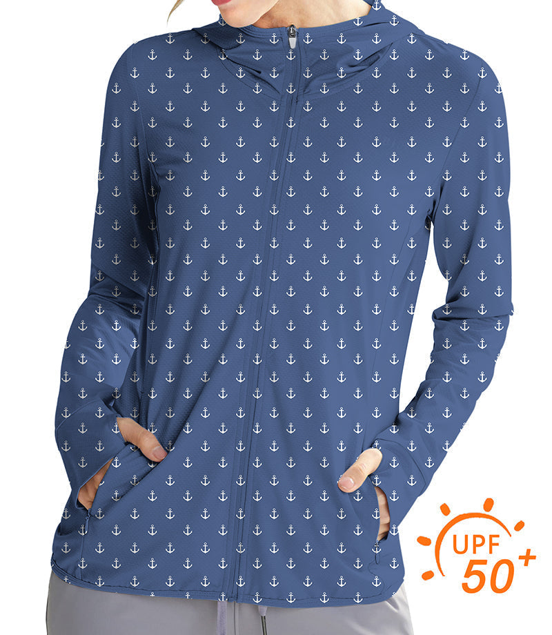 Women's outdoor navy anchor print slim fit zip hoodie with UPF 50+ sun protection and thumb holes.