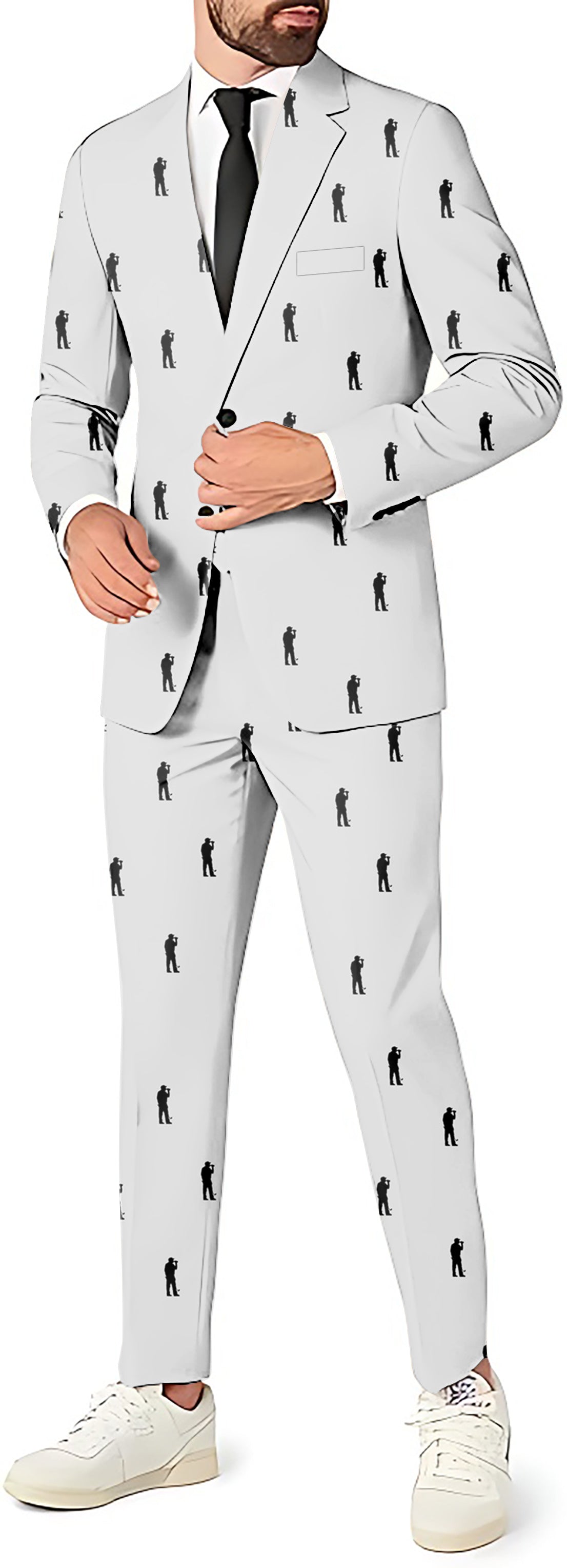 Men's slim fit white blazer, pants and vest suit with black beer-themed print for party costume