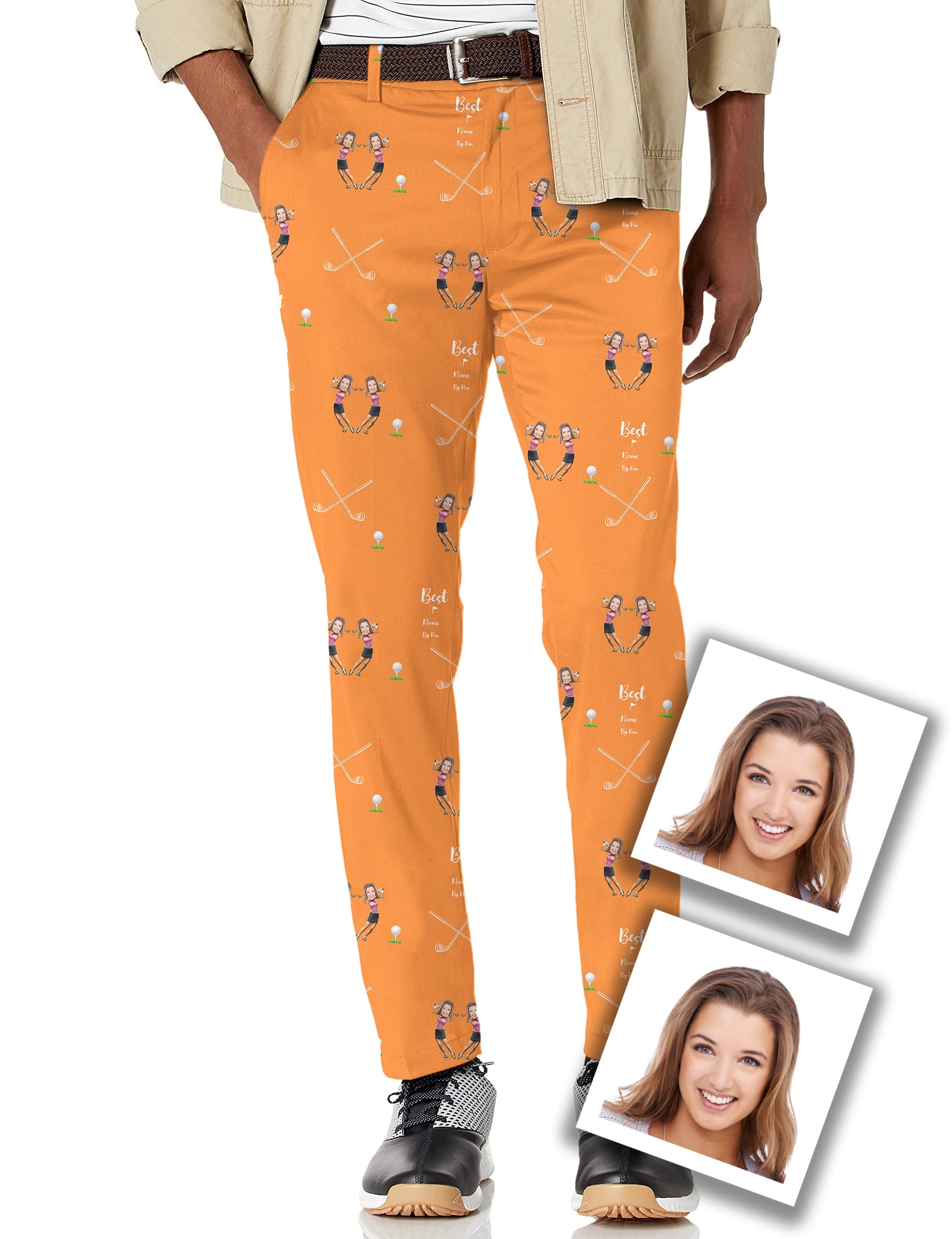 Men's custom sister photo stretch golf pants with golf-themed print and comfortable fit