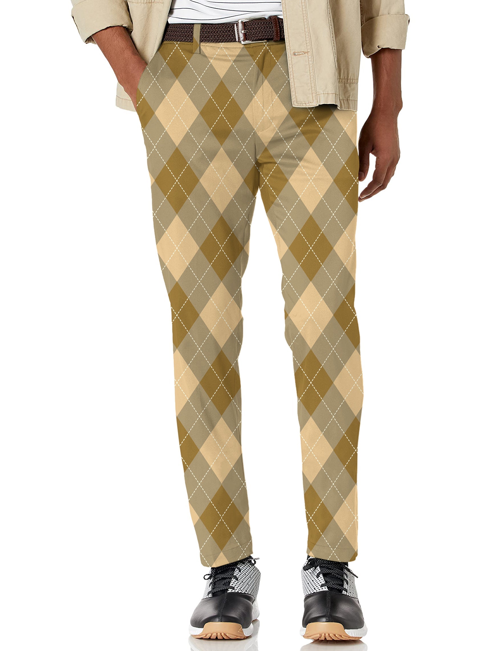 Men's brown argyle stretch golf pants with moisture-wicking fabric and active waistband
