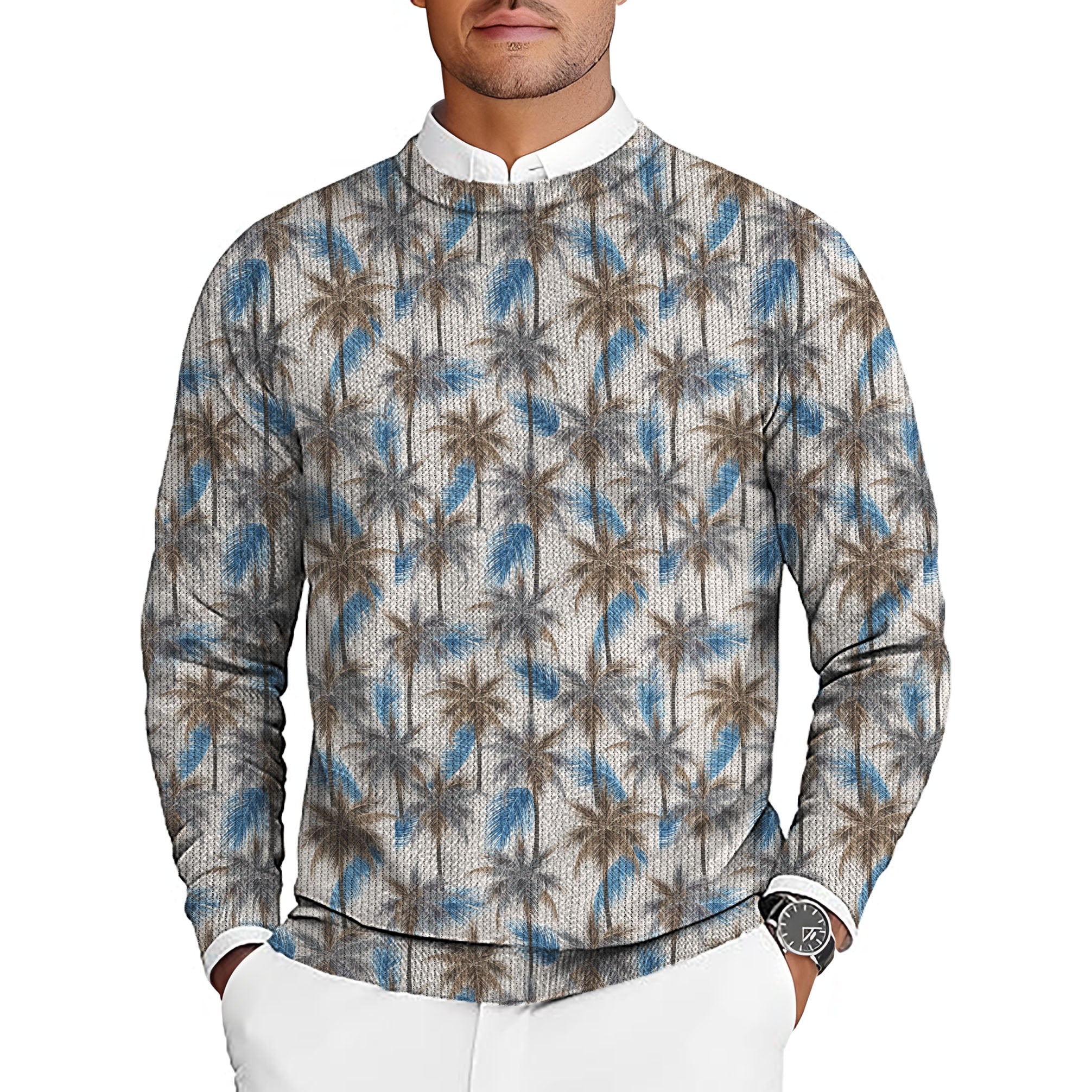 Palm Haven Men's golf crewneck pullover sweater with palm tree pattern