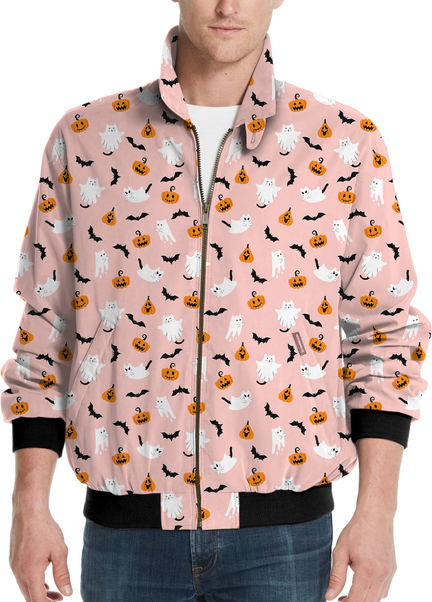 Men's Halloween kawaii ghost pumpkin golf windbreaker jacket with zipper and cuffed sleeves