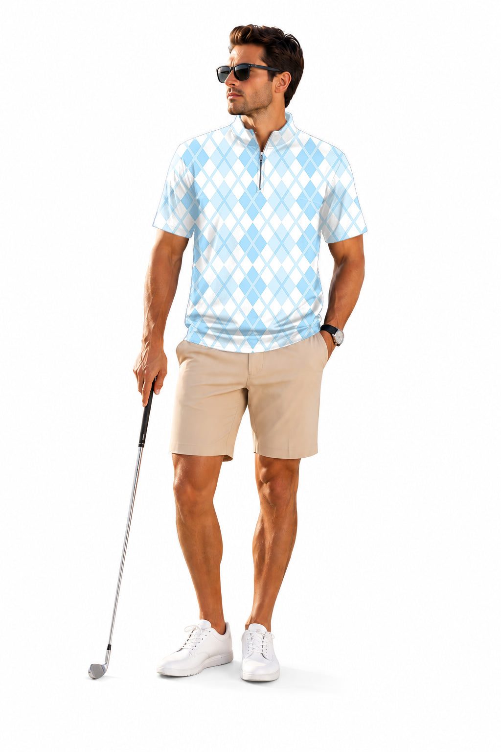 Men's Short Sleeve Quarter Zip Golf Pullover Argyle Bule Grid Embroidery