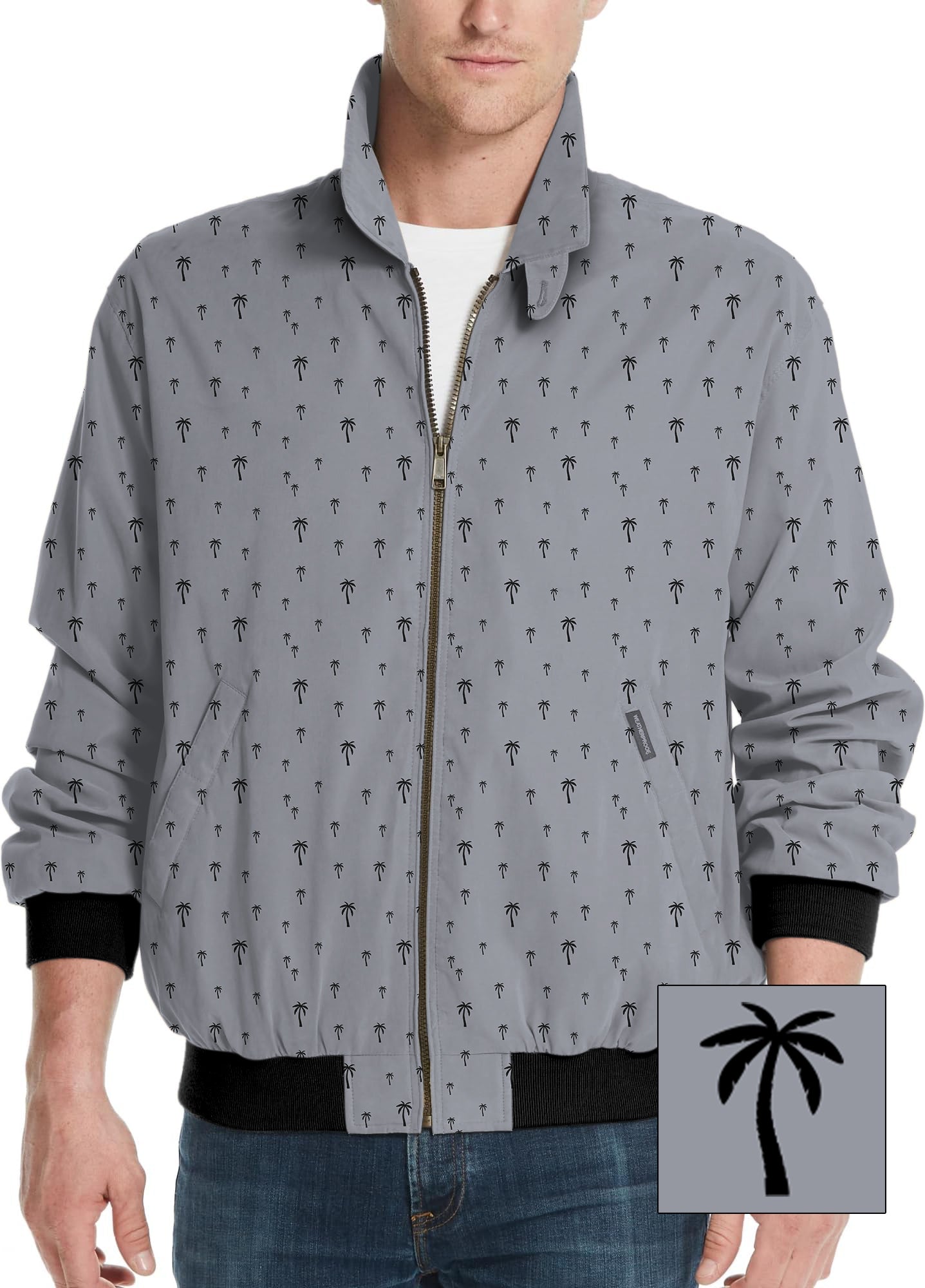Men's light golf windbreaker jacket with custom coconut palm pattern and background color options