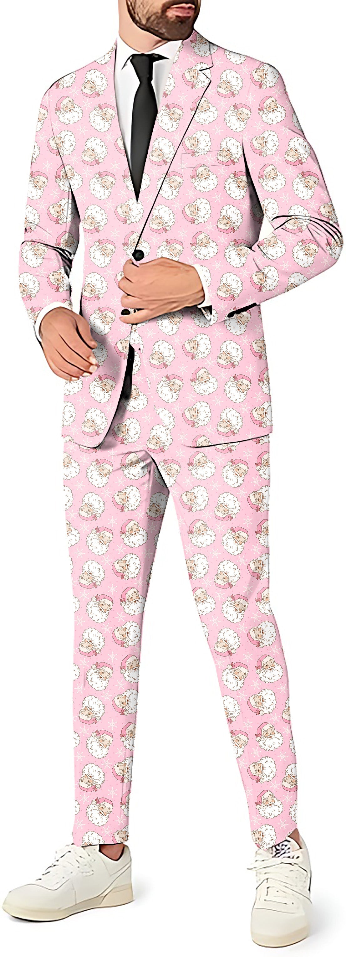 Santa Claus Christmas men's party suit with blazer, pants, and vest in pink festive design