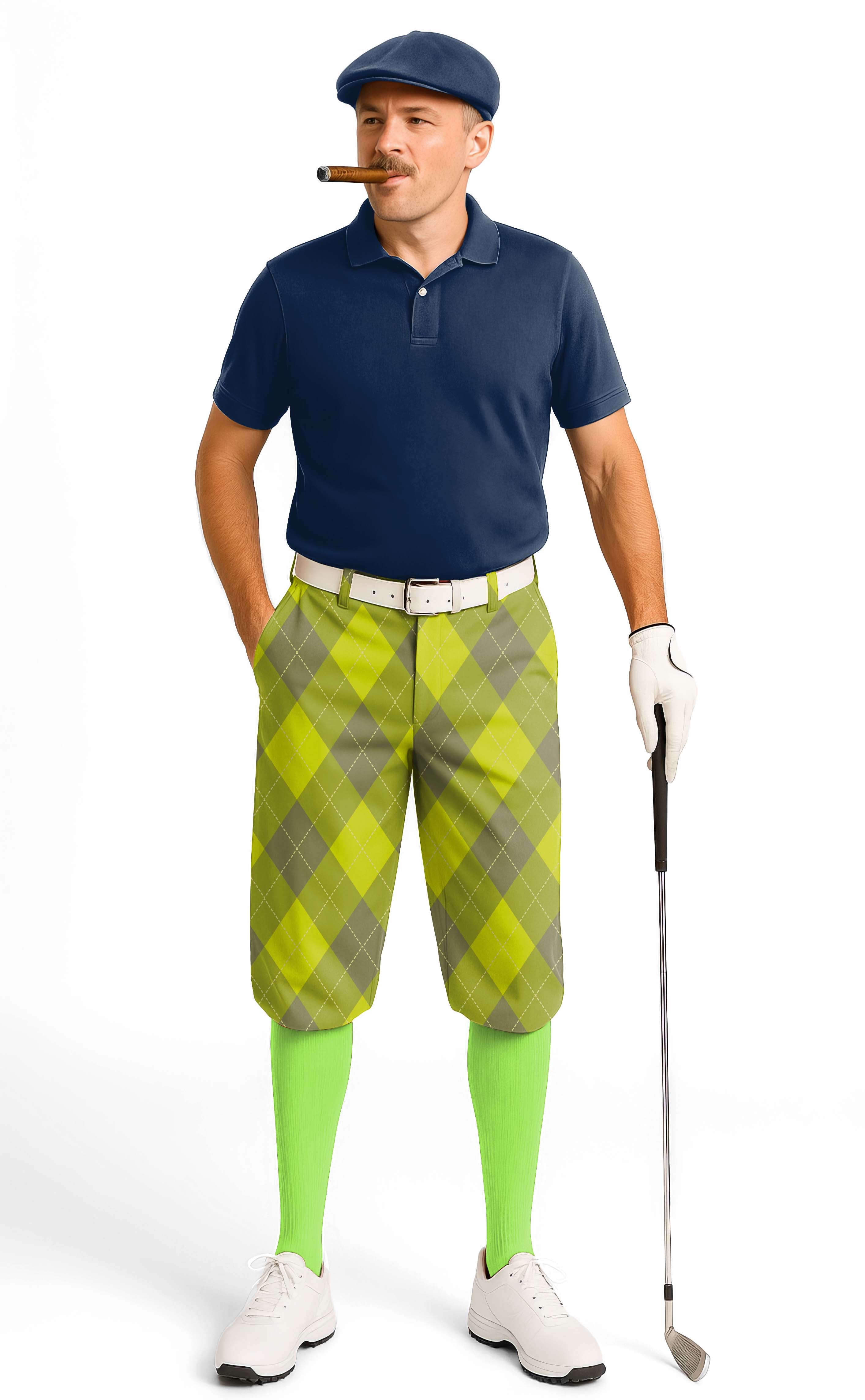 Yollow Argyle-Men's Golf knickers with snug ankle cuffs, lightweight breathable fabric, wrinkle resistant, Velcro adjustable size, lime green argyle pattern.