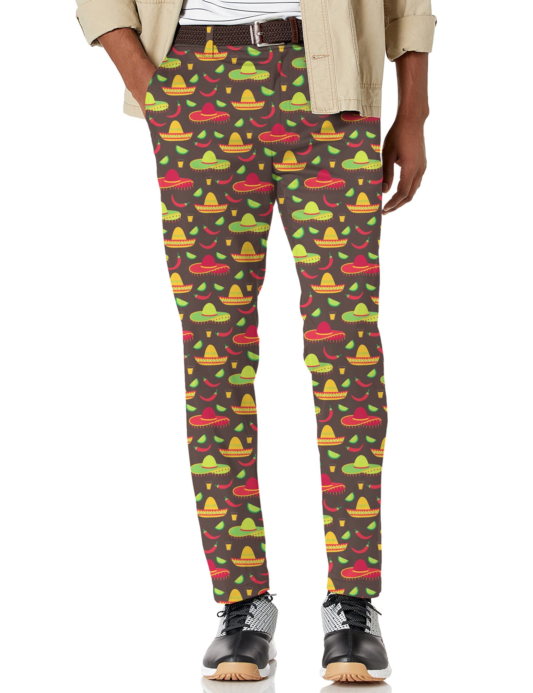 Men's Taco Tuesday stretch golf pants with colorful sombrero and chili pepper pattern, lightweight moisture-wicking fabric
