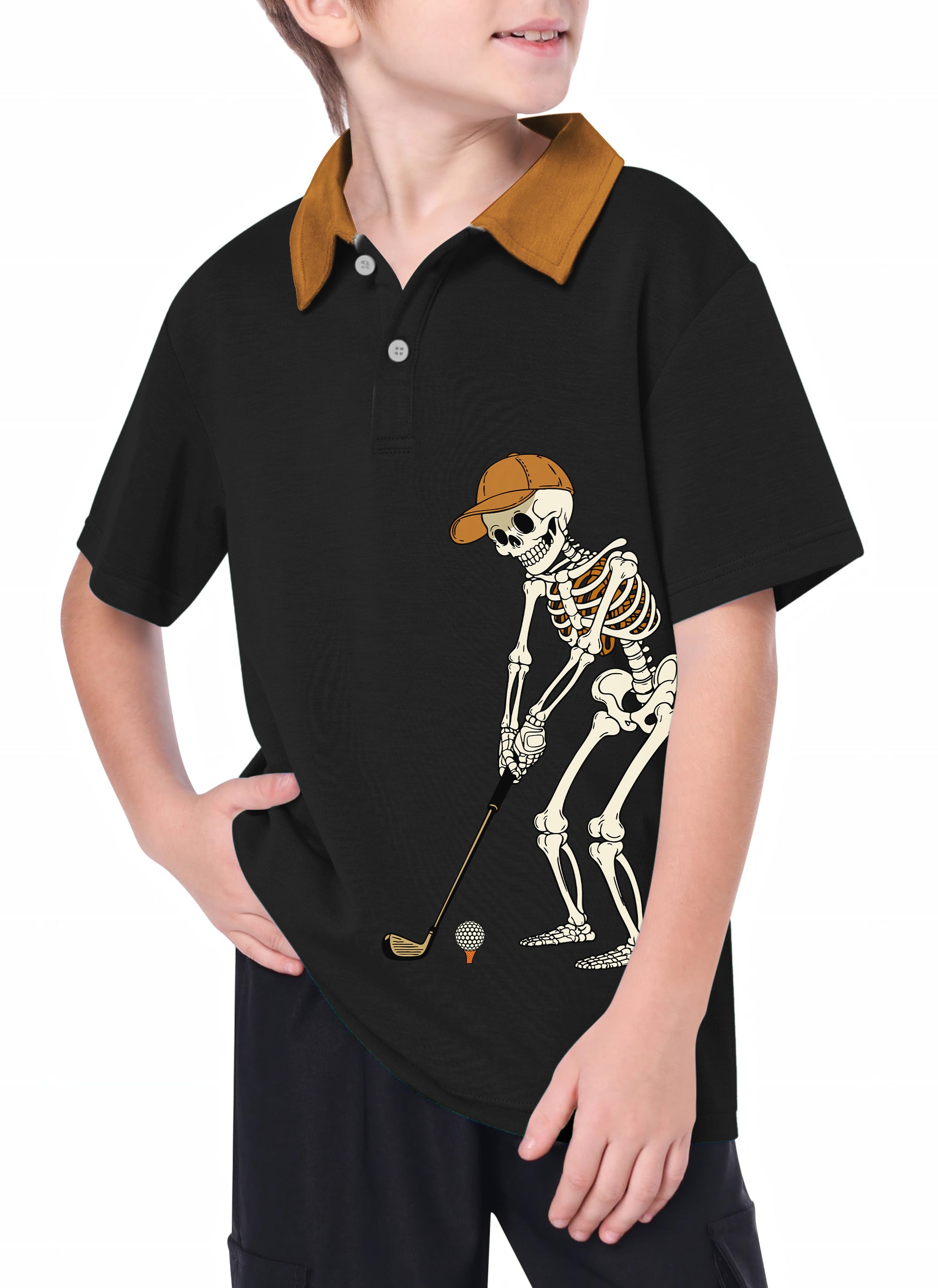 Youth Pumpkin Black Halloween Skeleton Golf Golf Polo